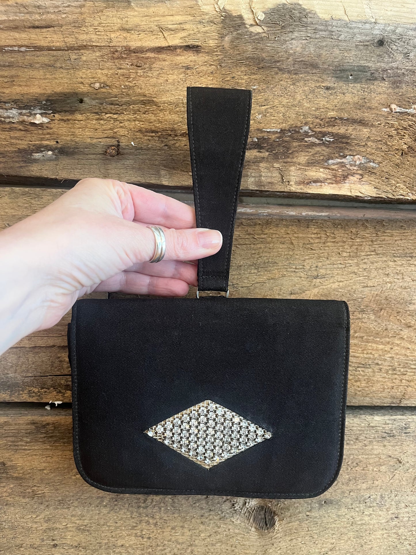 Vintage 1930's Black Fabric Bag with Rhinestone Detailing