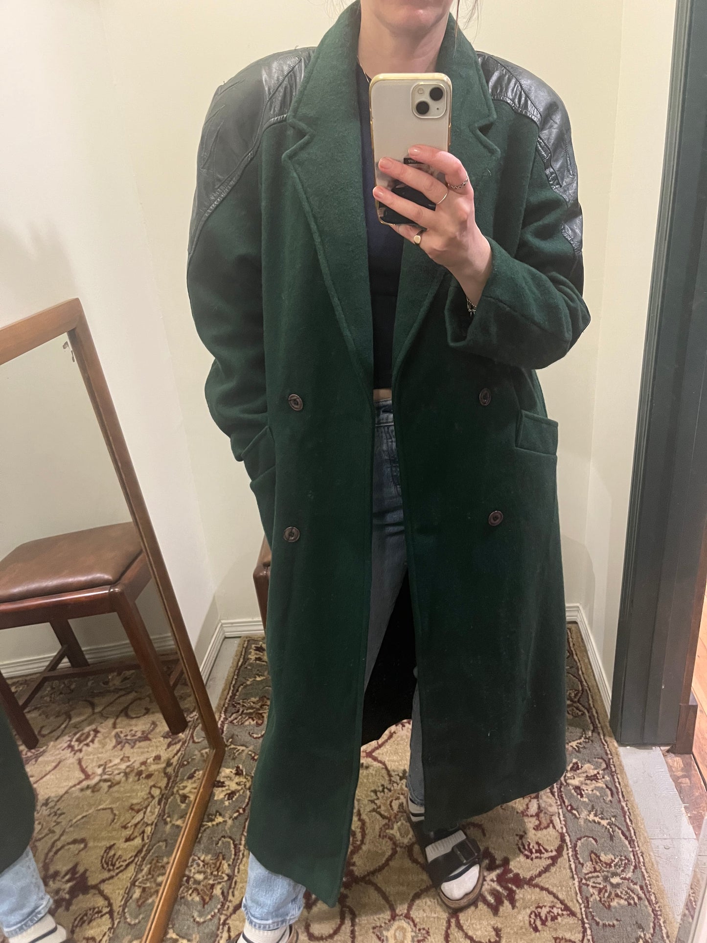 Vintage forest green wool & leather coat, med/lrg
