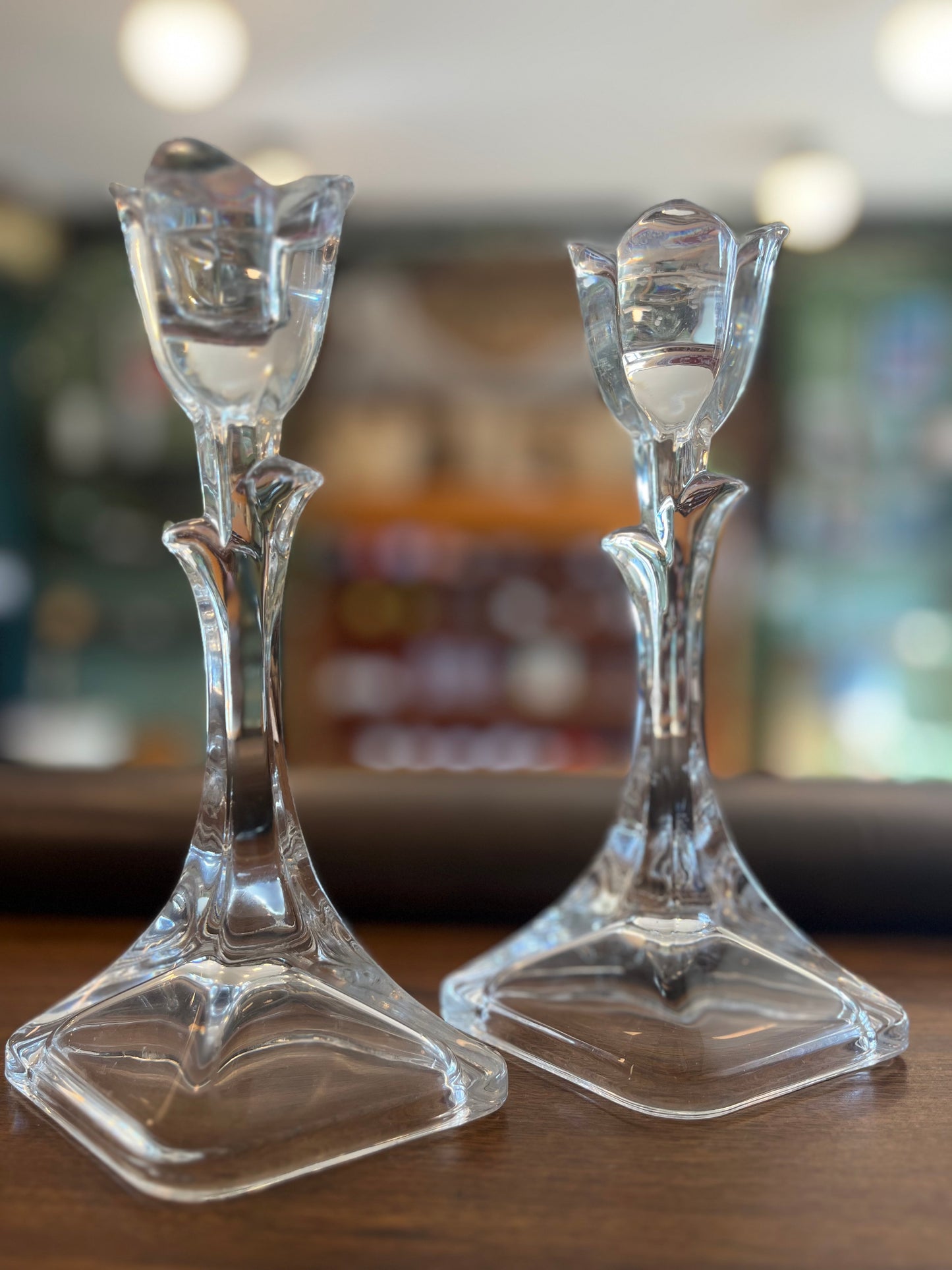 Glass flower candlestick pair