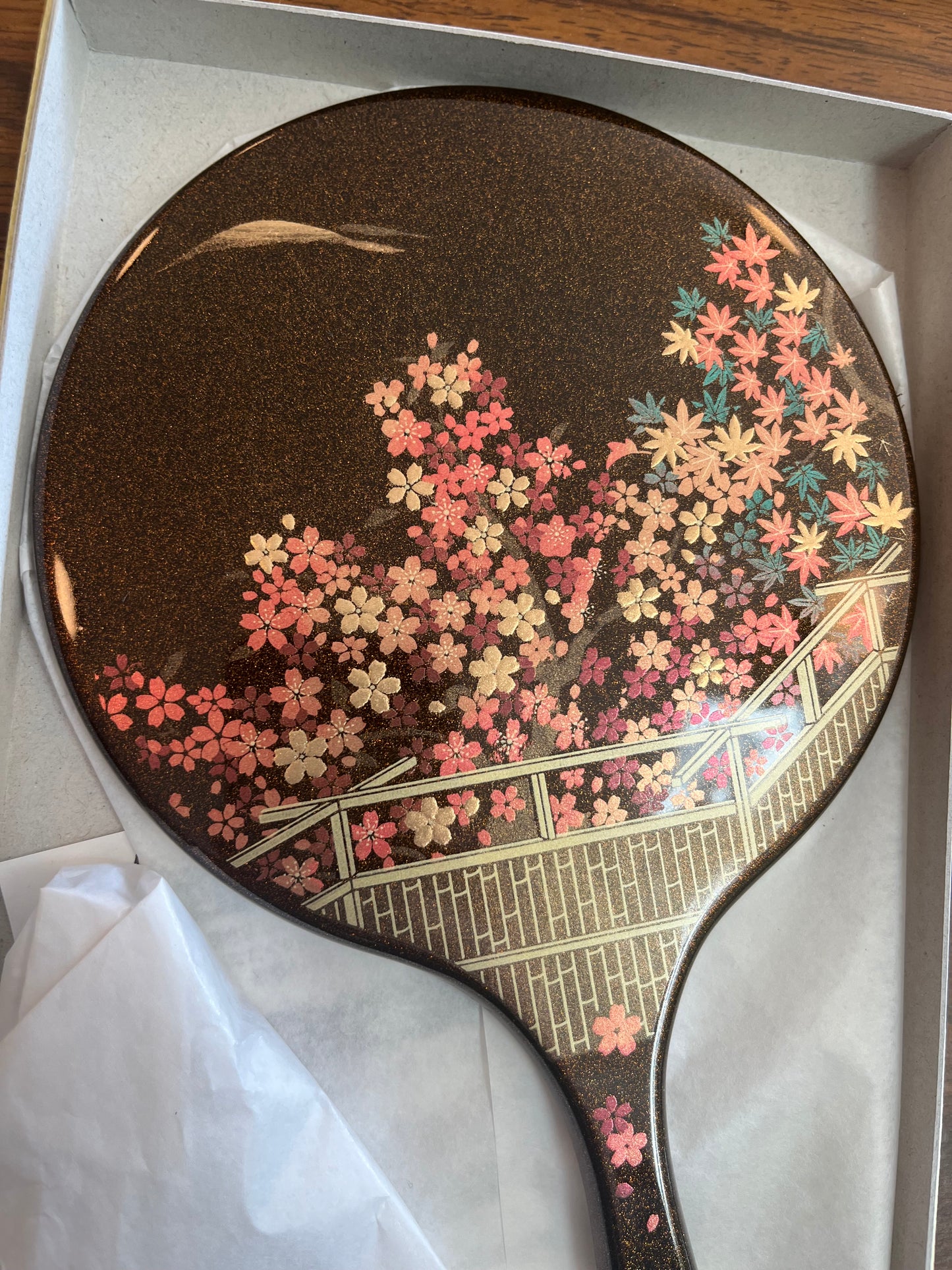 Large Lacquerware Hand Mirror - Flowers - Made in Japan