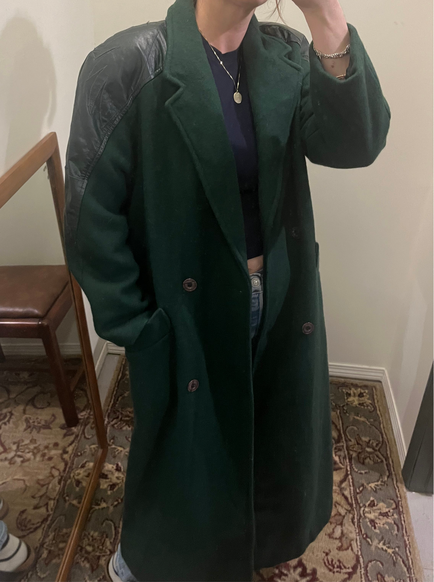 Vintage forest green wool & leather coat, med/lrg
