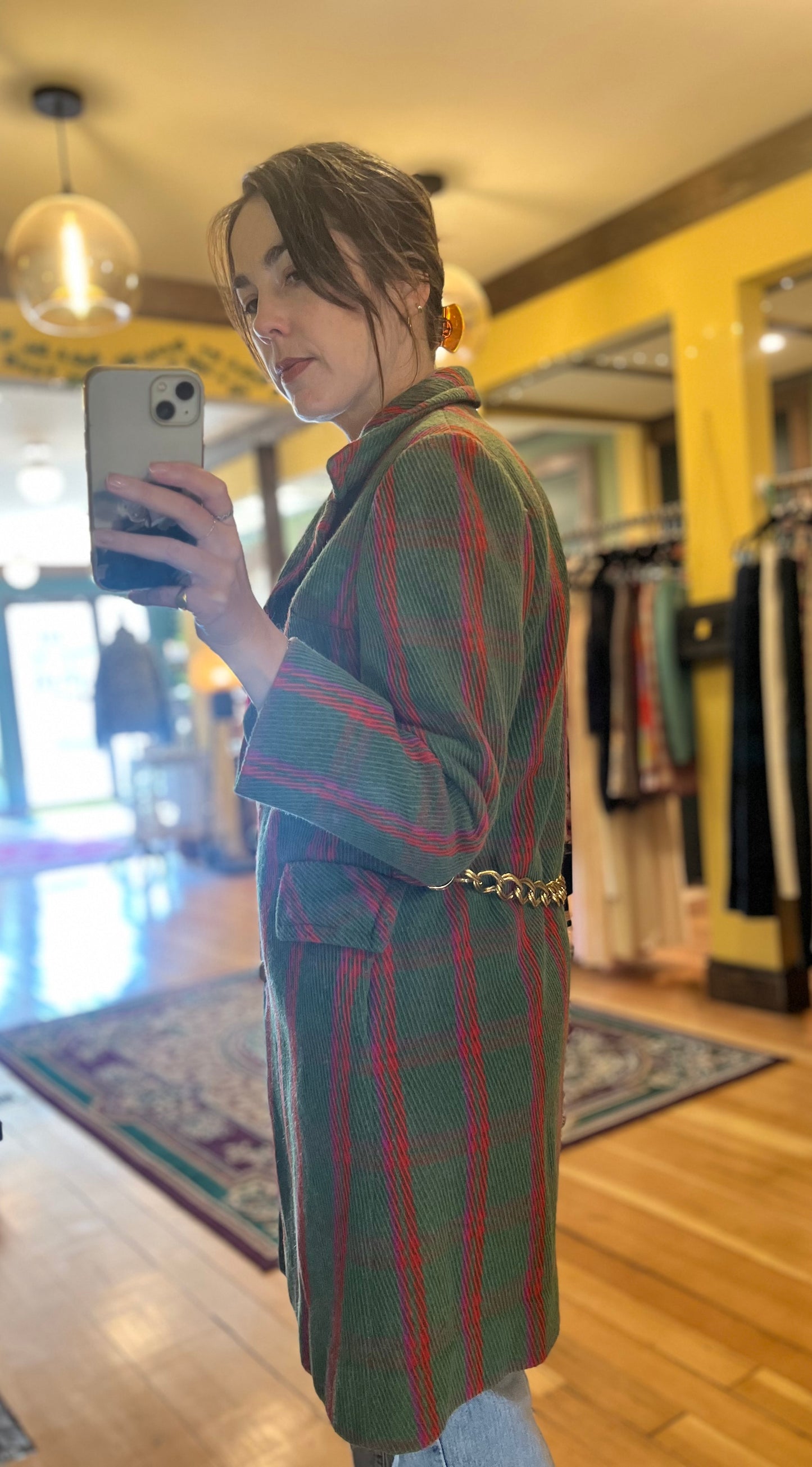 Vintage Holt Renfrew green plaid coat, S/XS