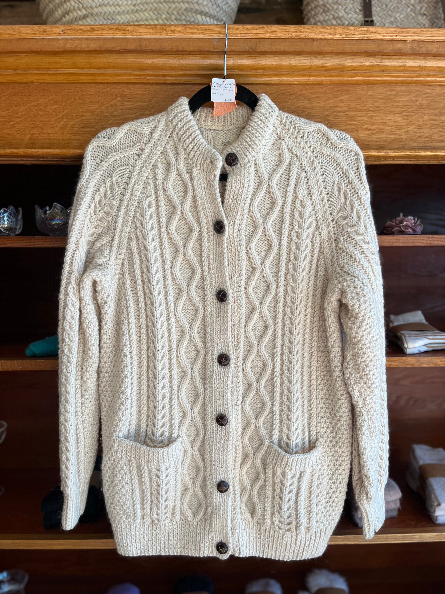Vintage wool (?) cream crew neck cardigan, large
