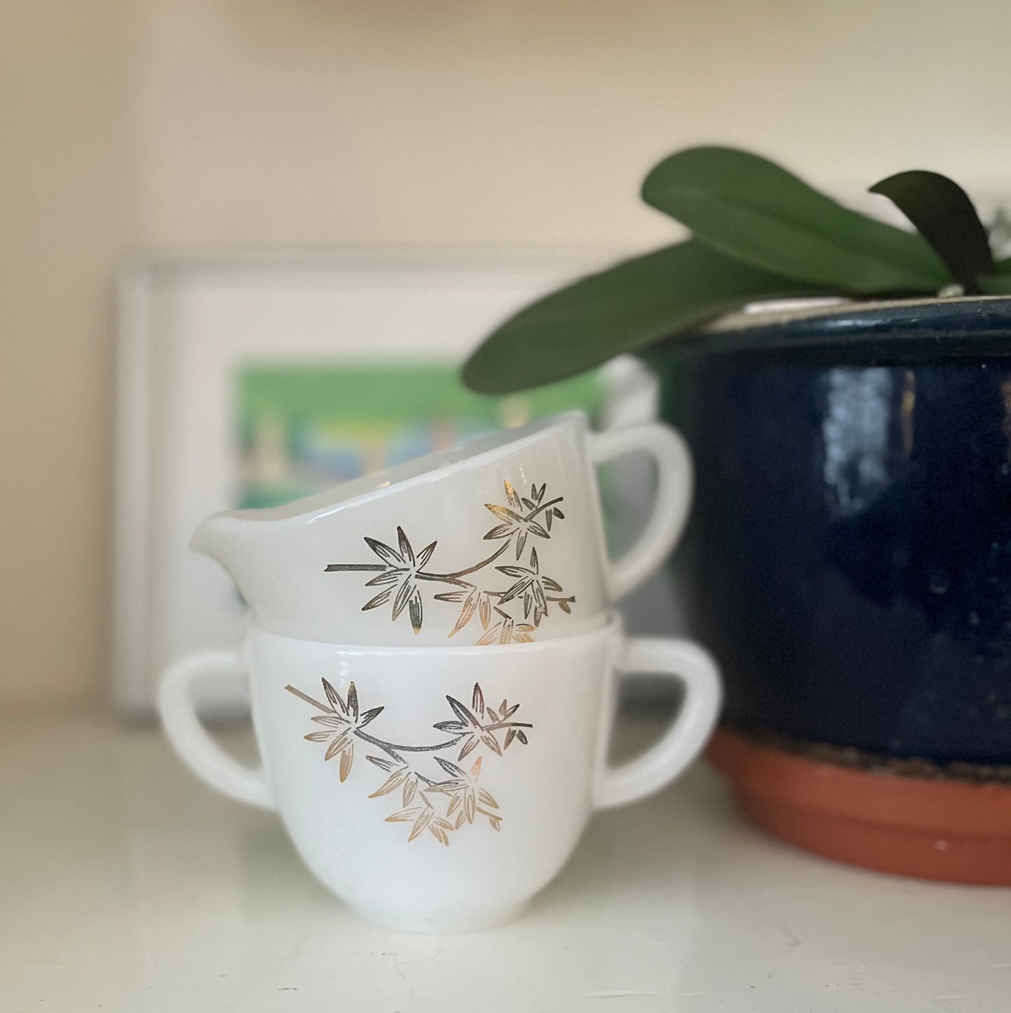 Vintage 1960’s Federal Milk Glass Cream & Sugar with Bamboo Motif
