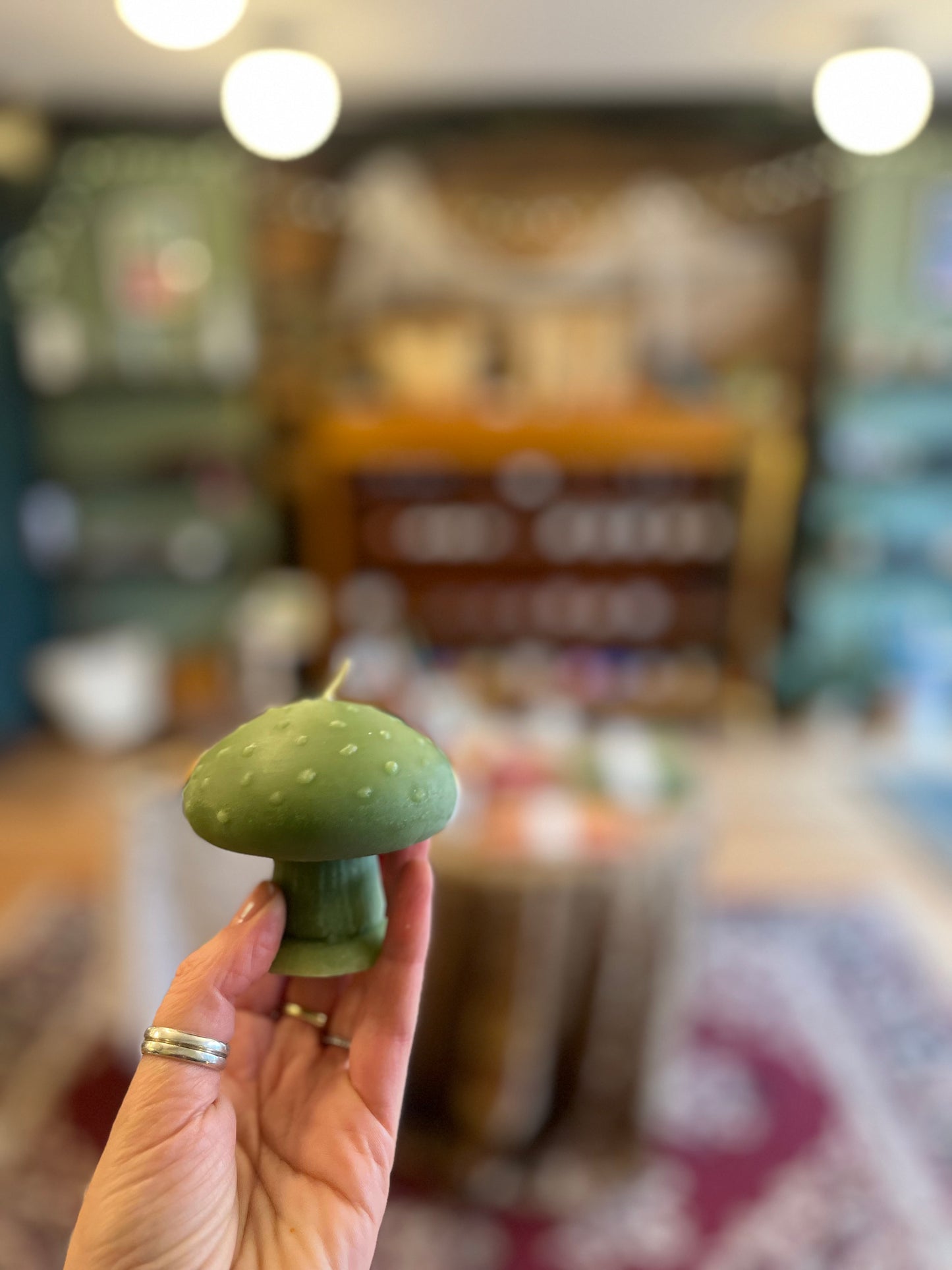 Five of Hearts Beeswax Mushroom candles, shades of blue & green