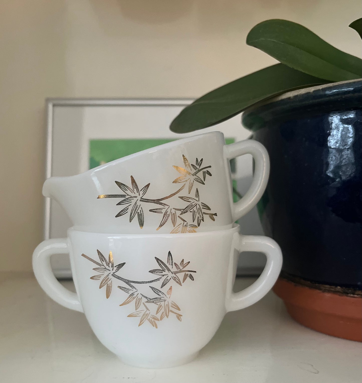 Vintage 1960’s Federal Milk Glass Cream & Sugar with Bamboo Motif