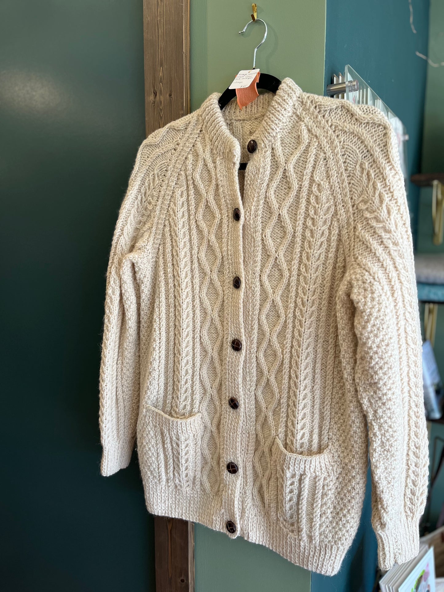 Vintage wool (?) cream crew neck cardigan, large