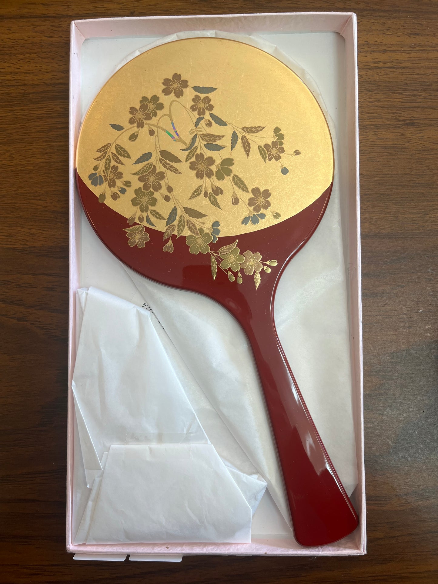 Large Lacquerware Hand Mirror - Red & Gold - Made in Japan