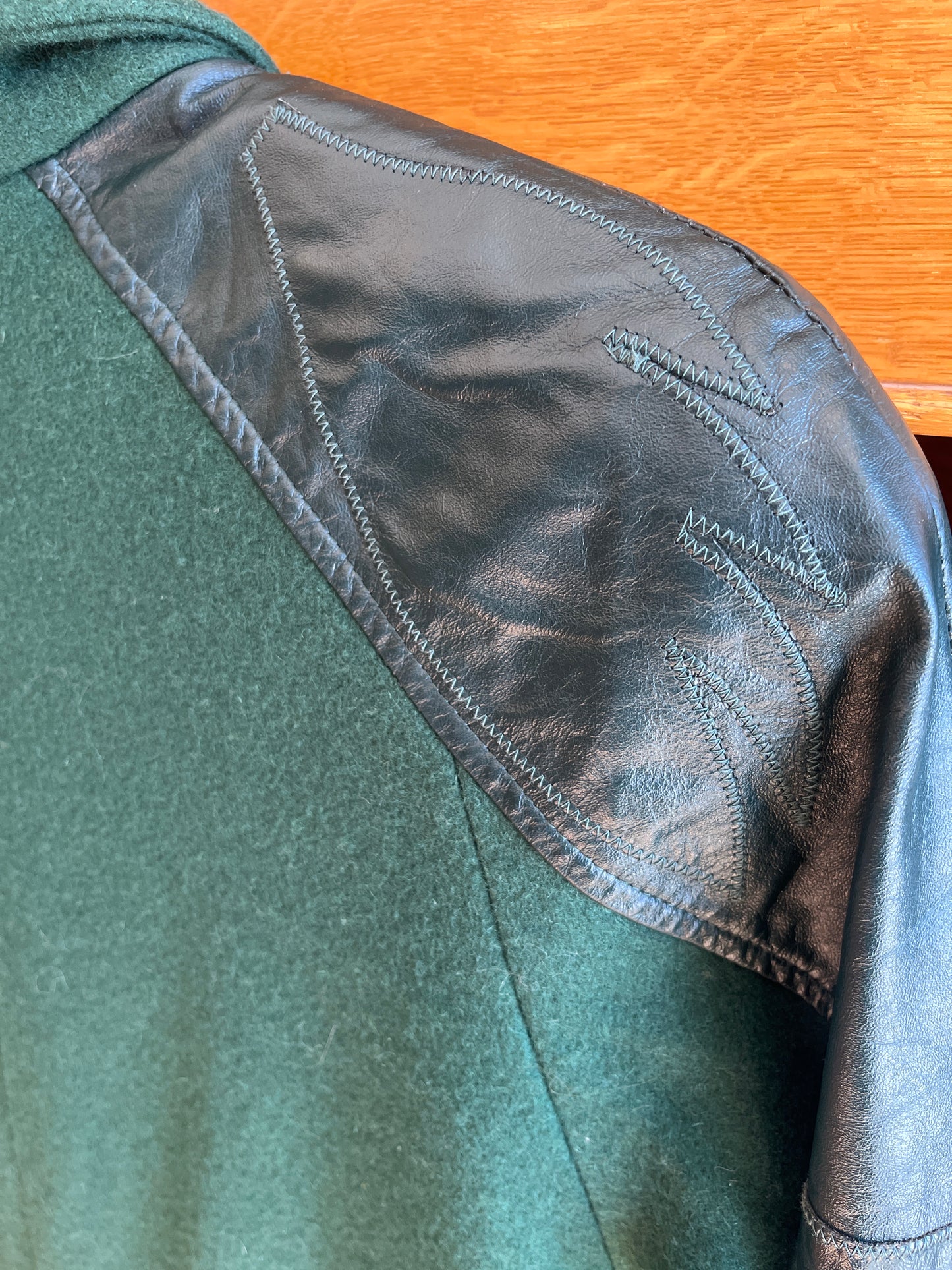 Vintage forest green wool & leather coat, med/lrg
