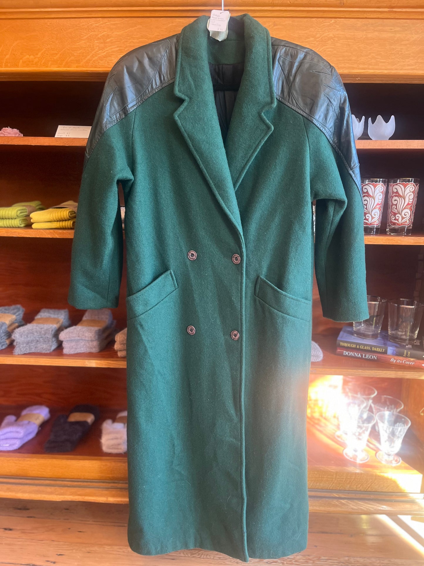 Vintage forest green wool & leather coat, med/lrg