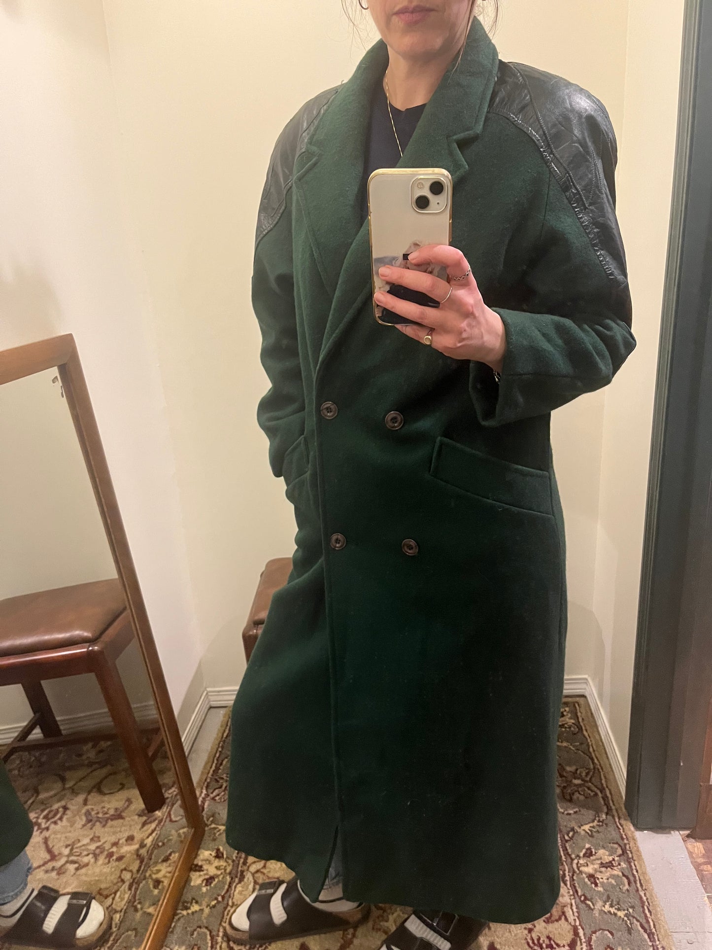 Vintage forest green wool & leather coat, med/lrg