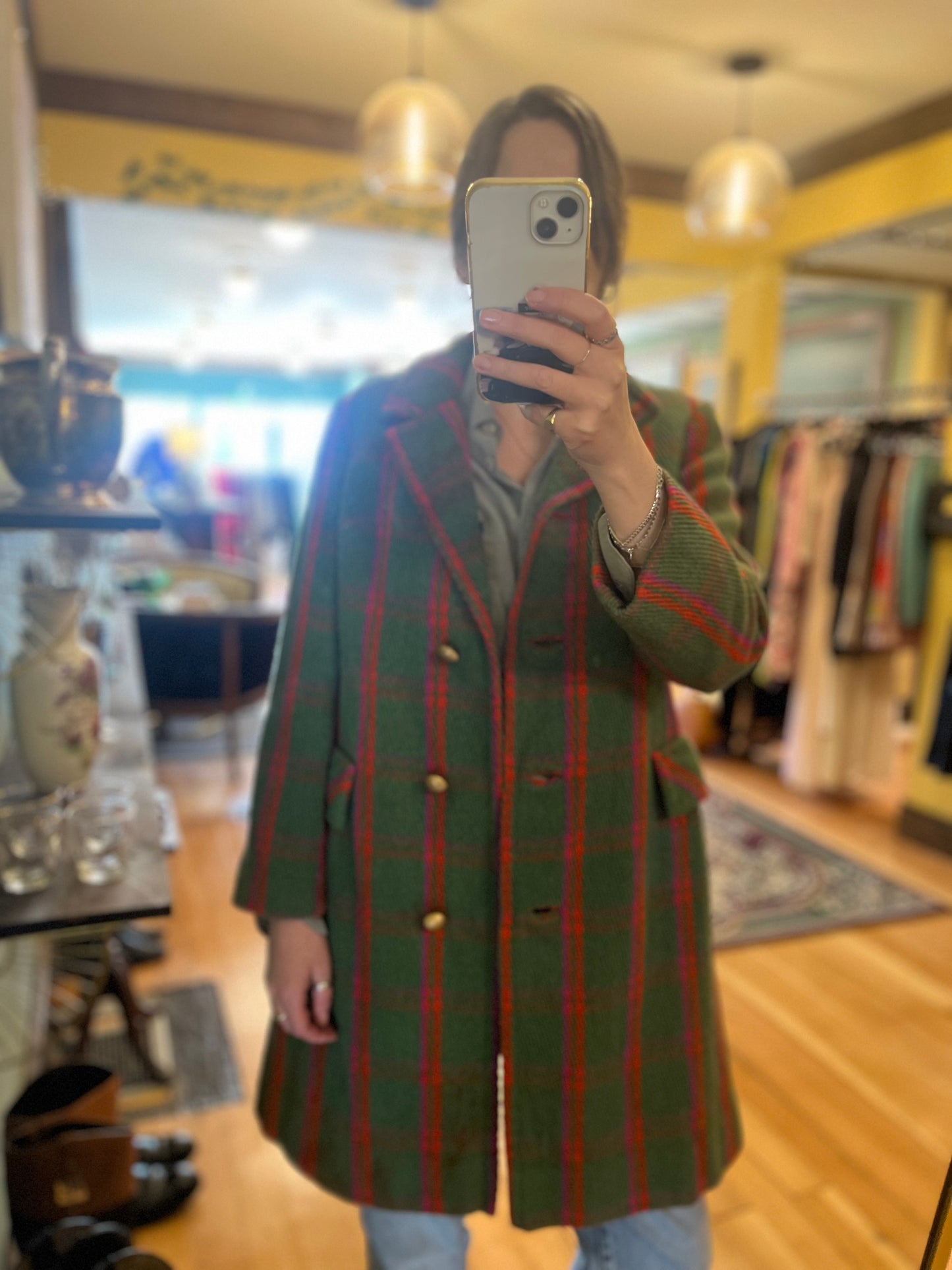 Vintage Holt Renfrew green plaid coat, S/XS