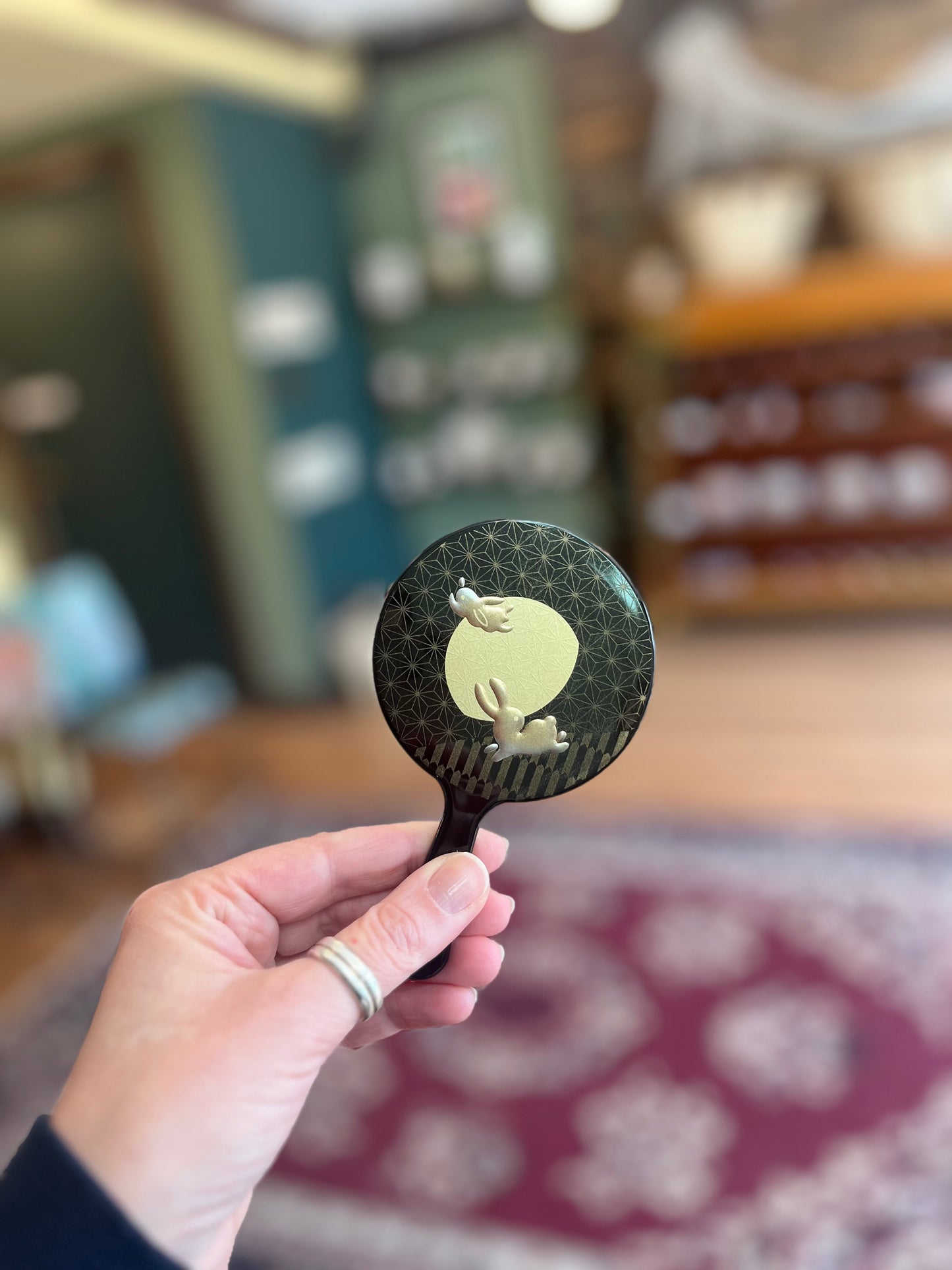 Small Lacquerware Hand Mirror - Bunnies - Made in Japan
