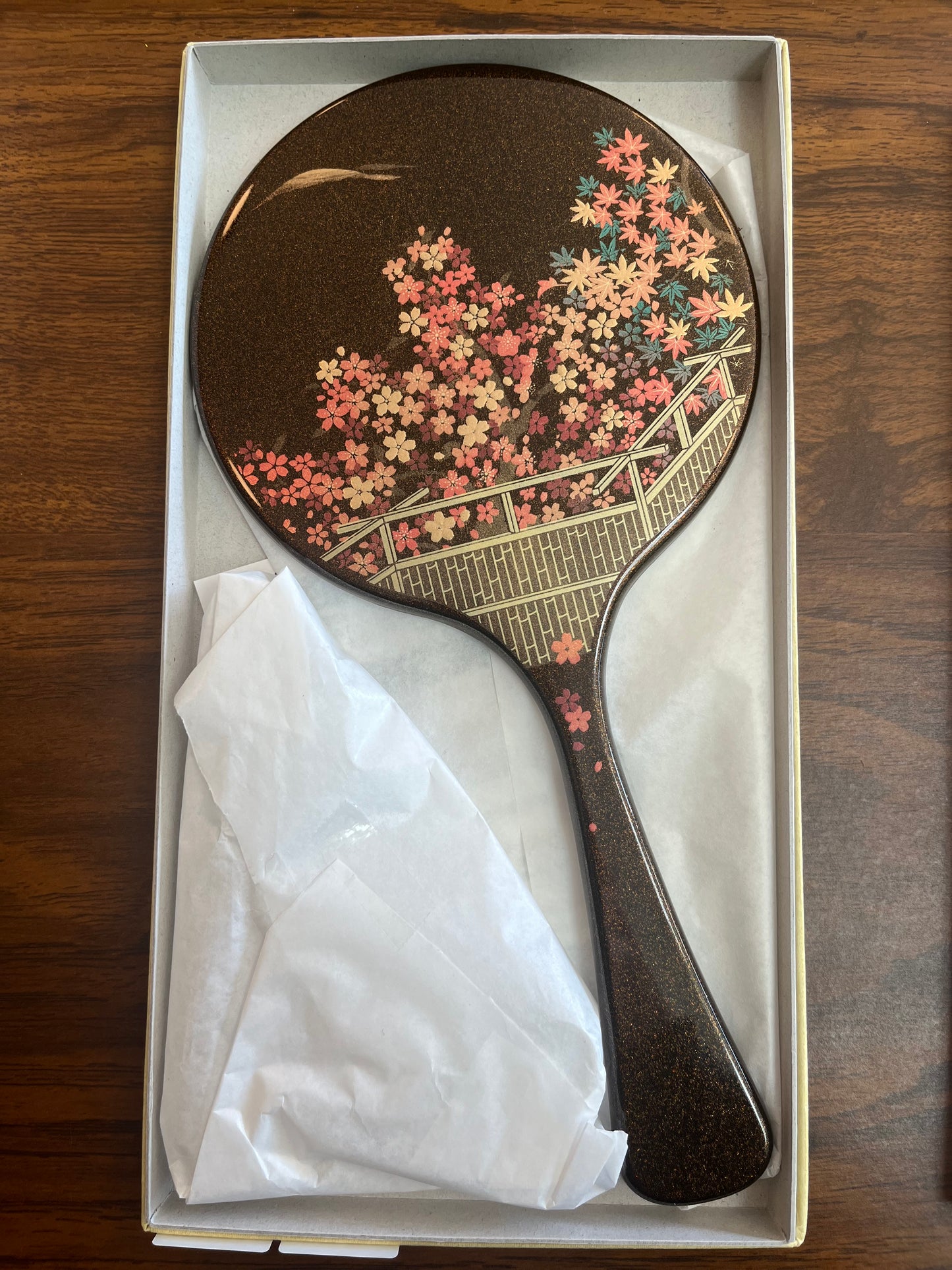 Large Lacquerware Hand Mirror - Flowers - Made in Japan