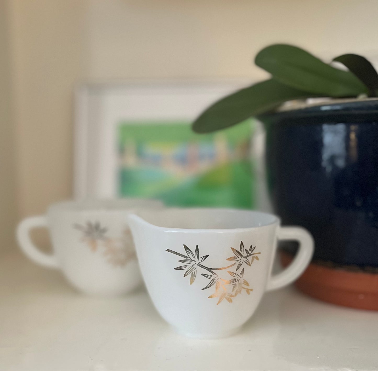 Vintage 1960’s Federal Milk Glass Cream & Sugar with Bamboo Motif