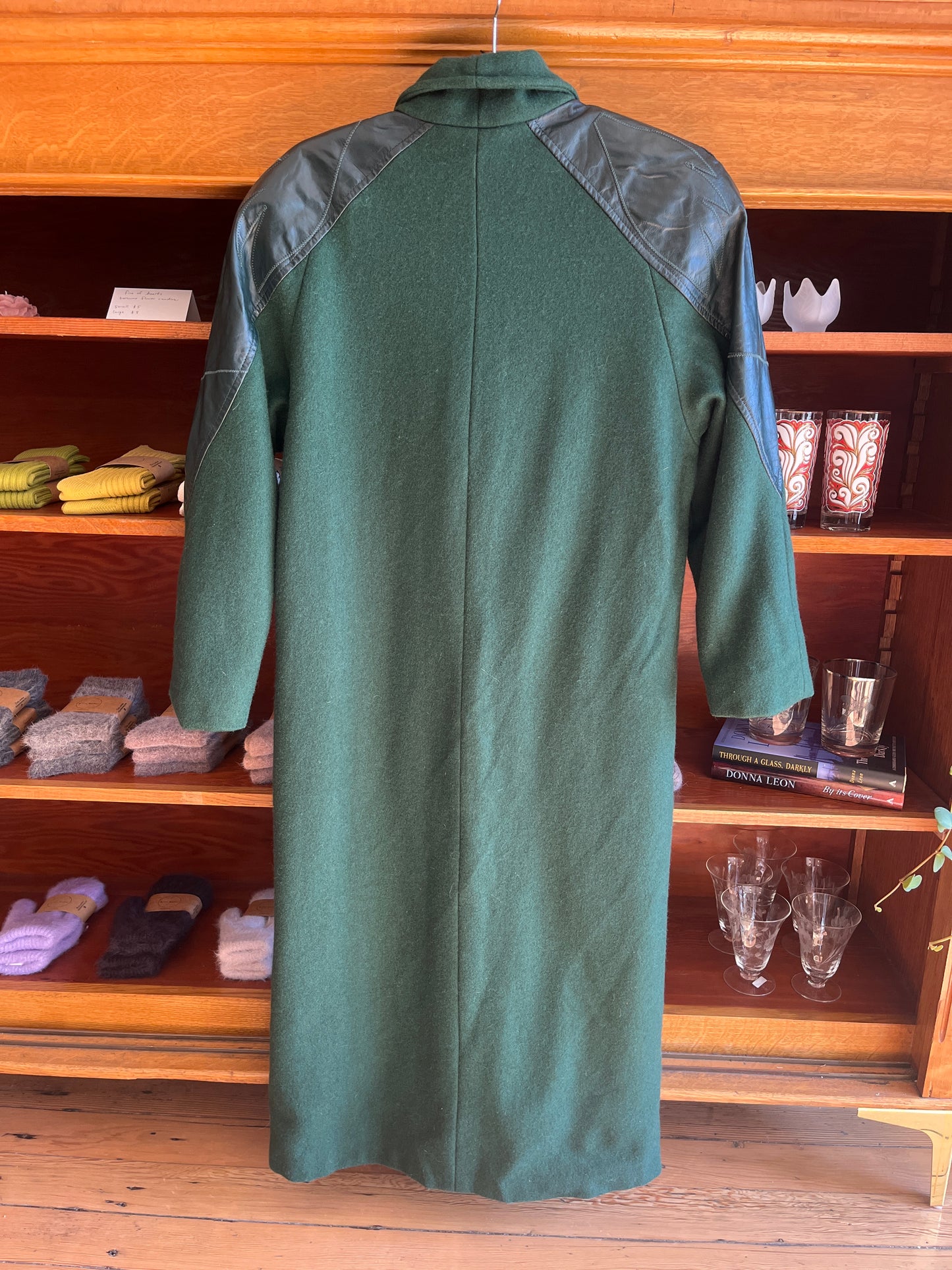 Vintage forest green wool & leather coat, med/lrg