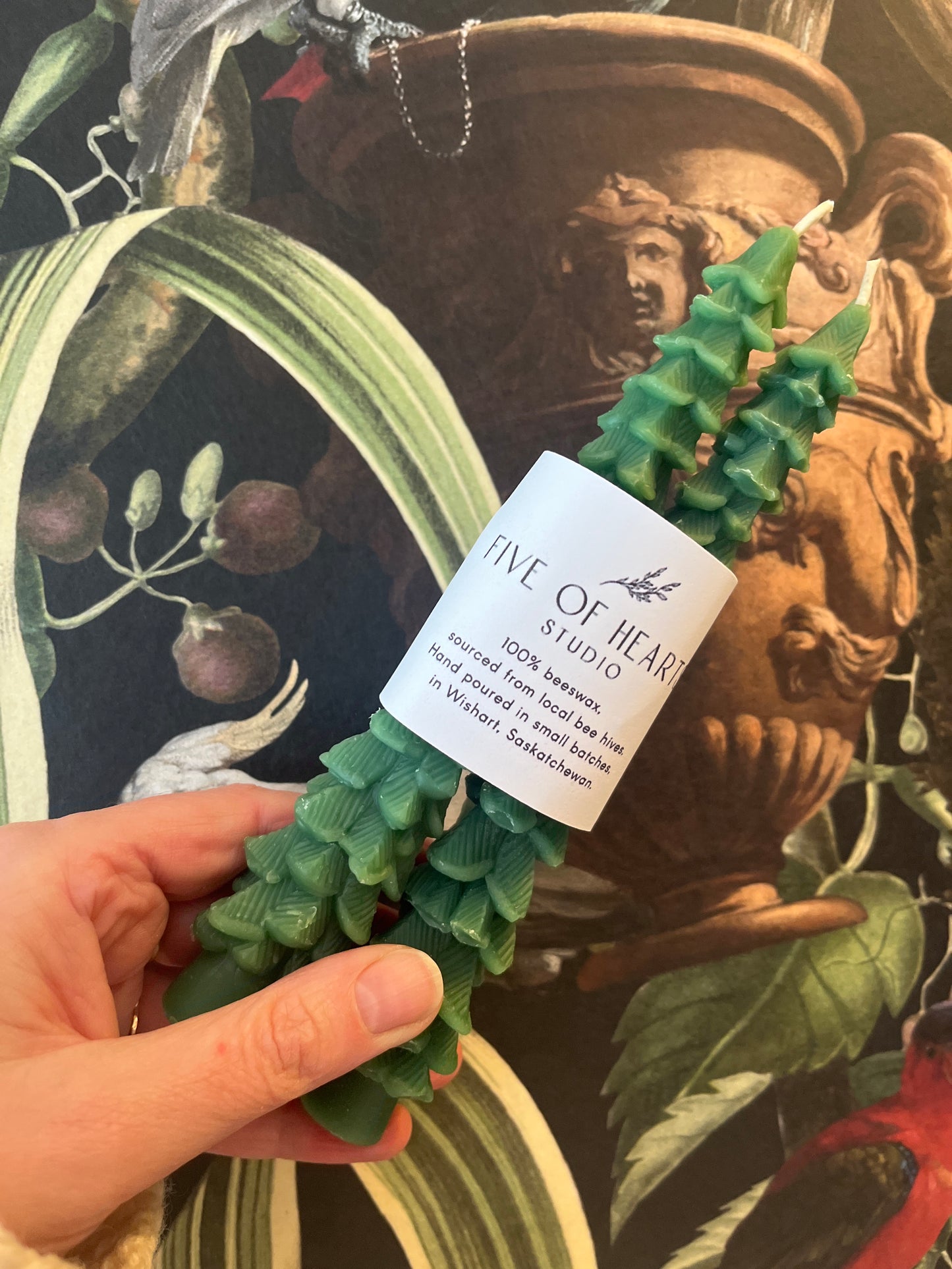 Five of Hearts Beeswax Taper Pair, Green Tree