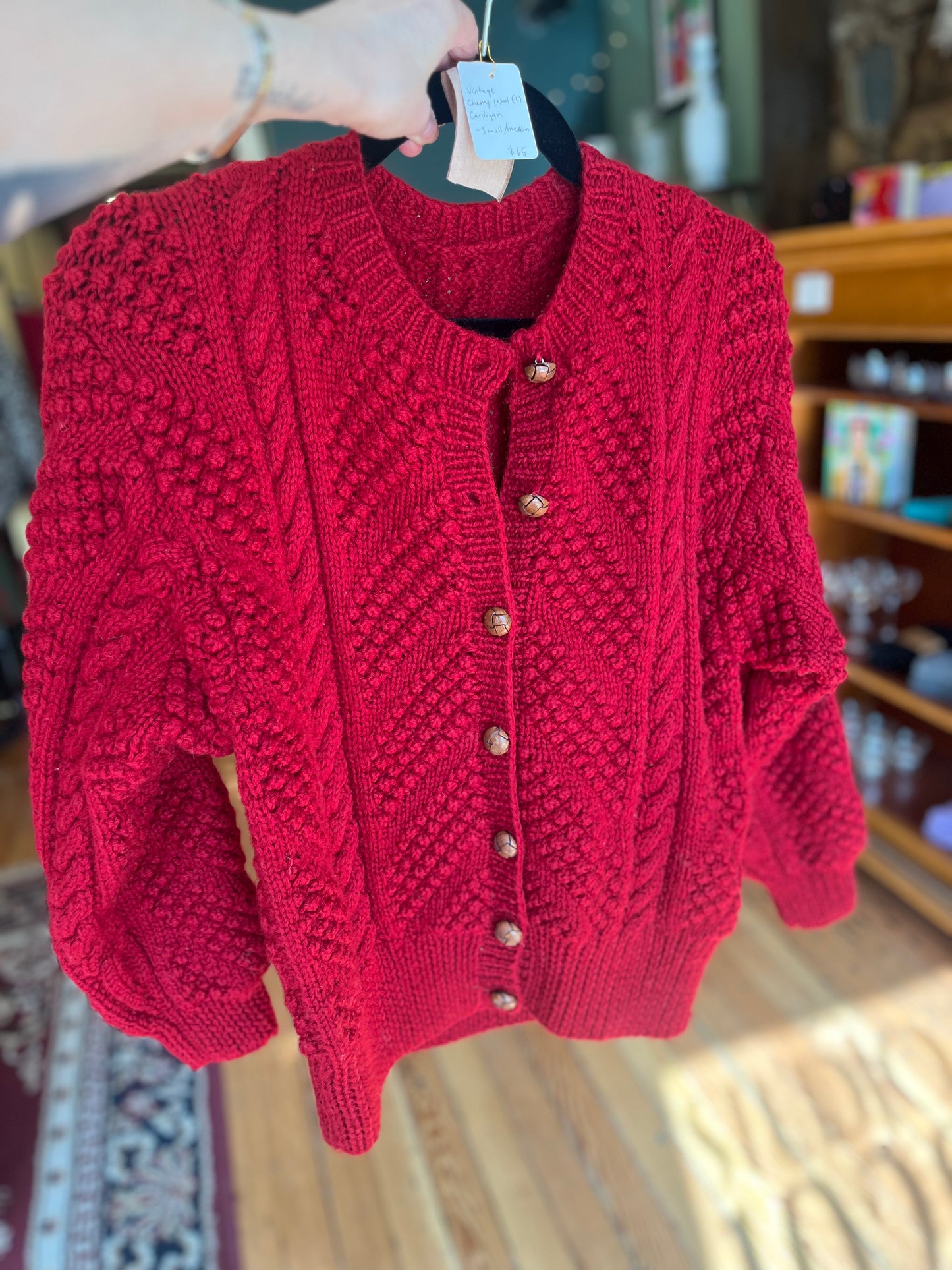Vintage cherry wool (?) cardigan, small/medium