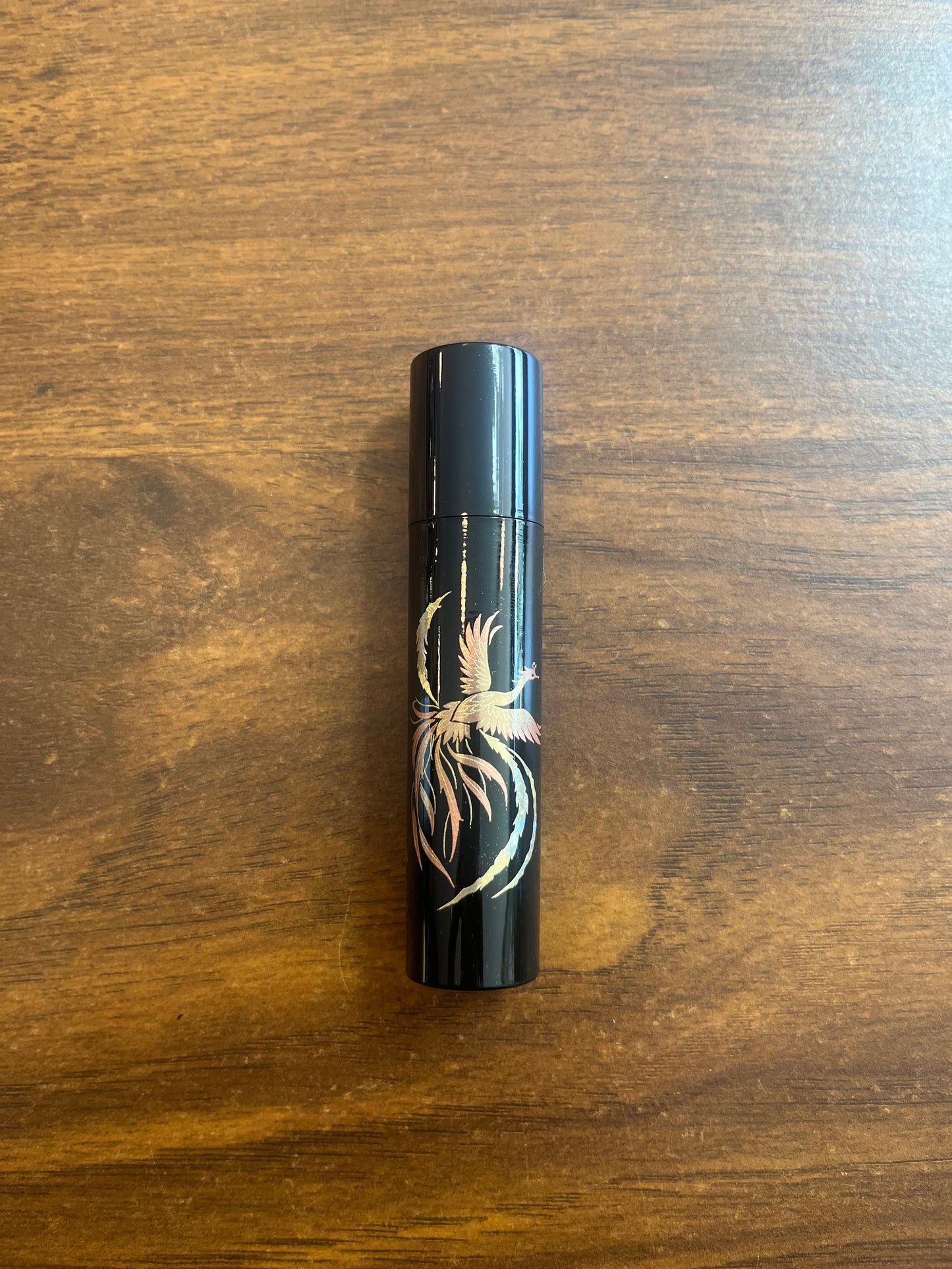 Lacquerware Tube Container - Black w Bird - Made in Japan
