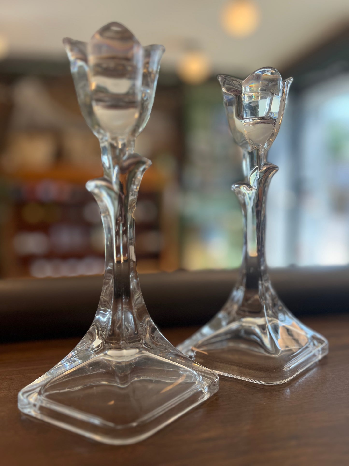 Glass flower candlestick pair