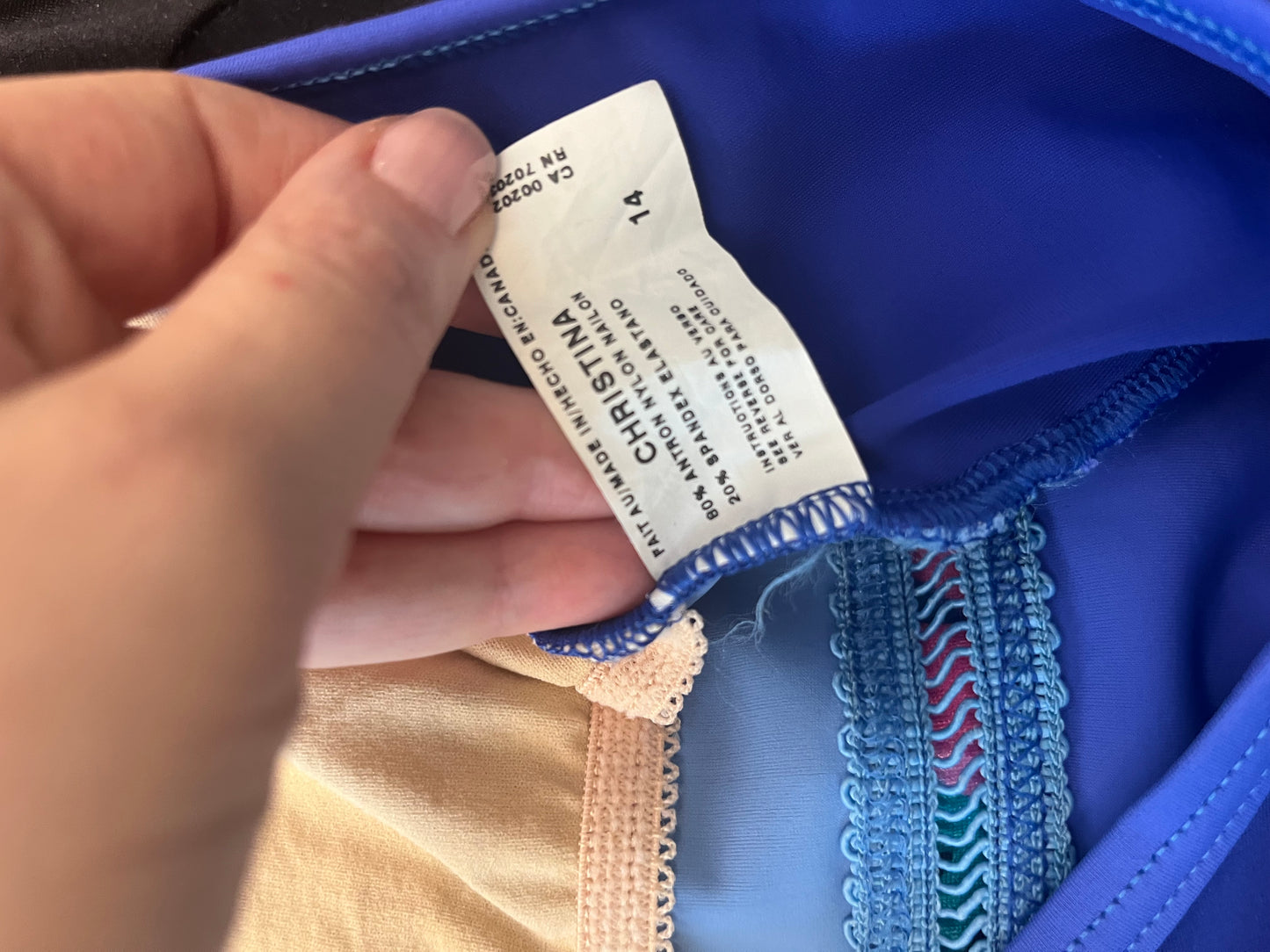 Vintage 90’s tri panel blue “Christina” swim suit, medium