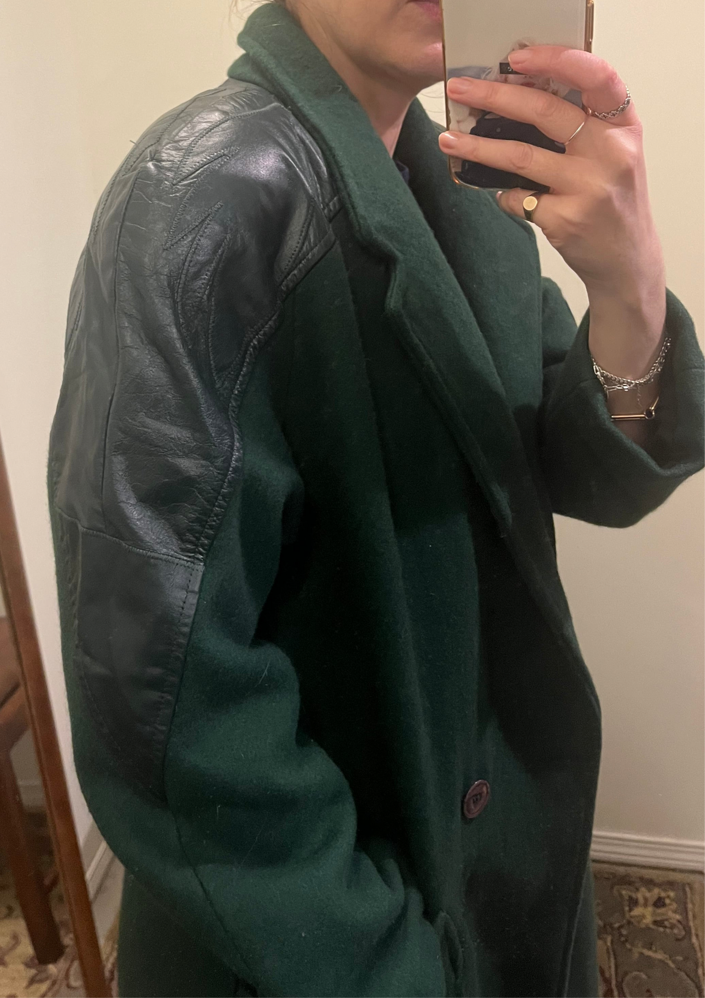 Vintage forest green wool & leather coat, med/lrg