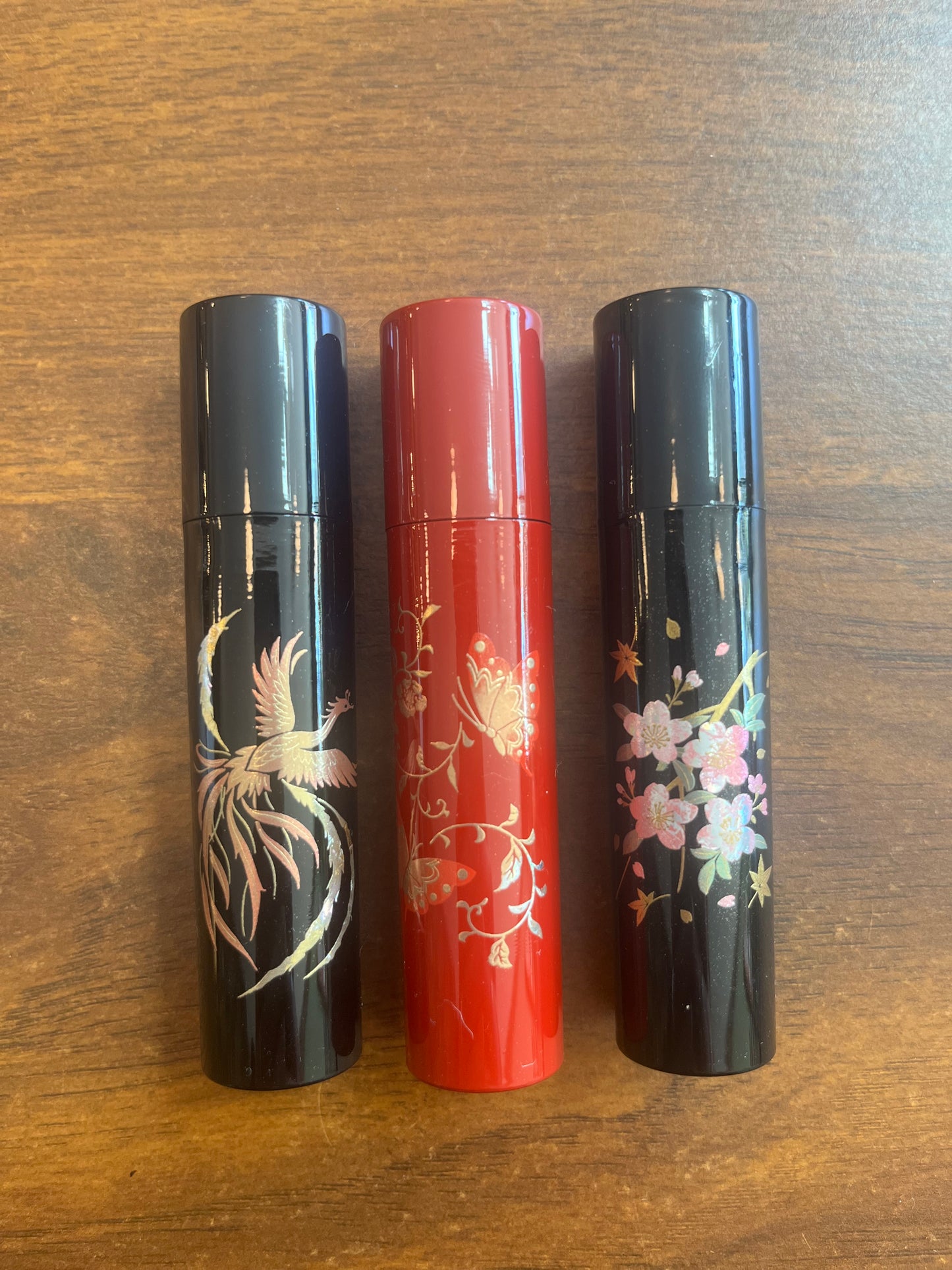 Lacquerware Tube Container - Black w Flowers - Made in Japan