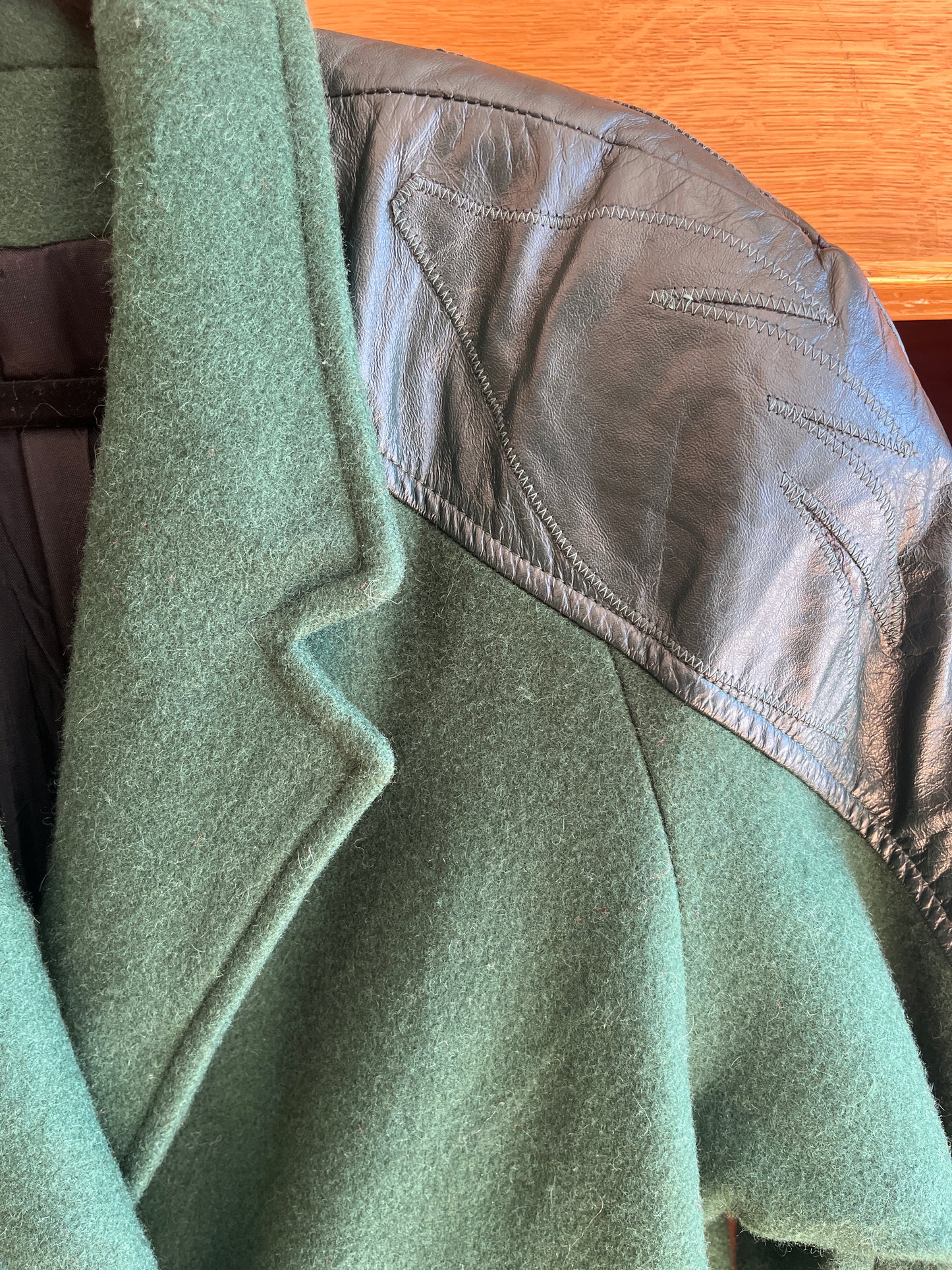 Vintage forest green wool & leather coat, med/lrg