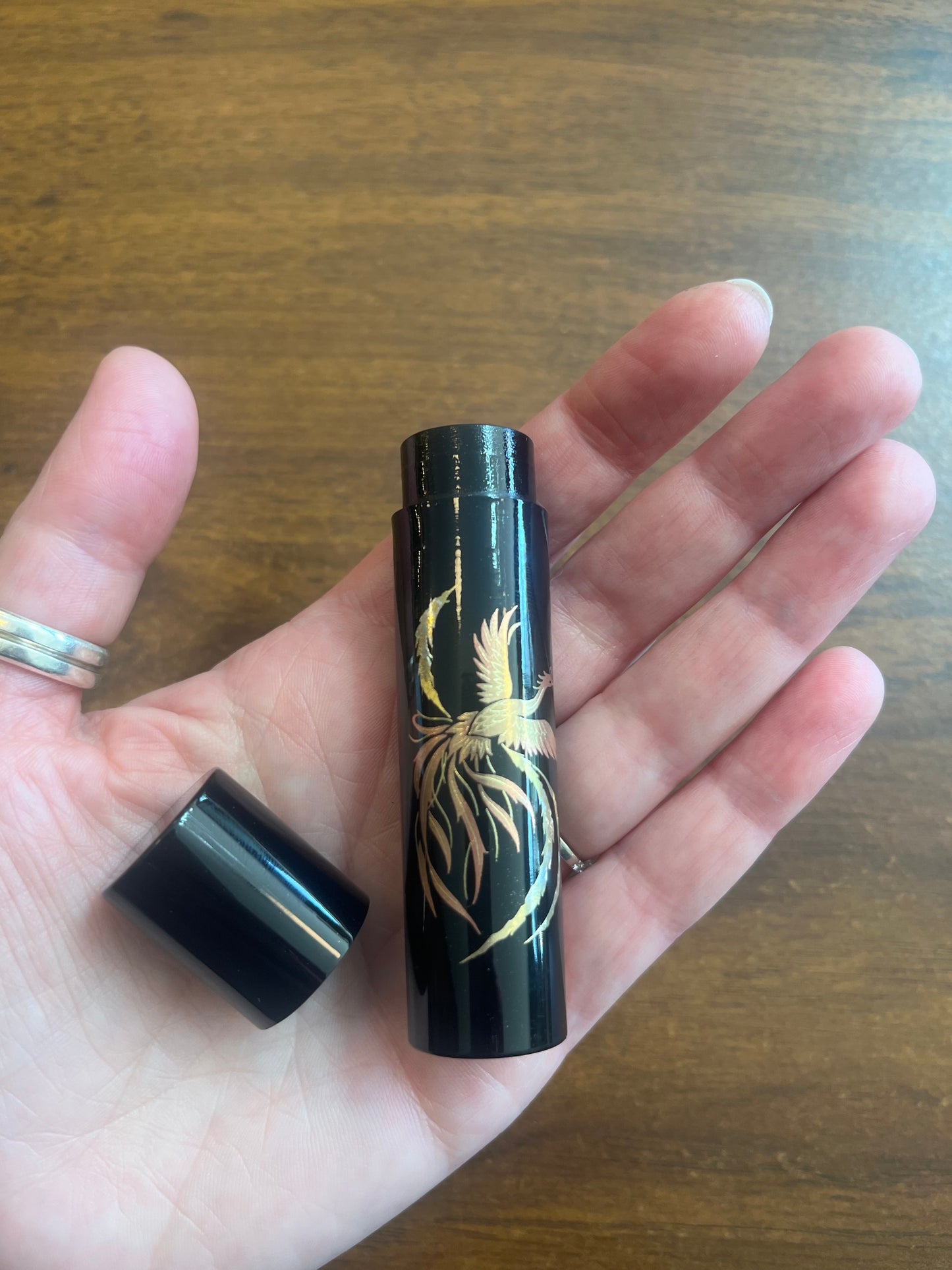 Lacquerware Tube Container - Black w Bird - Made in Japan