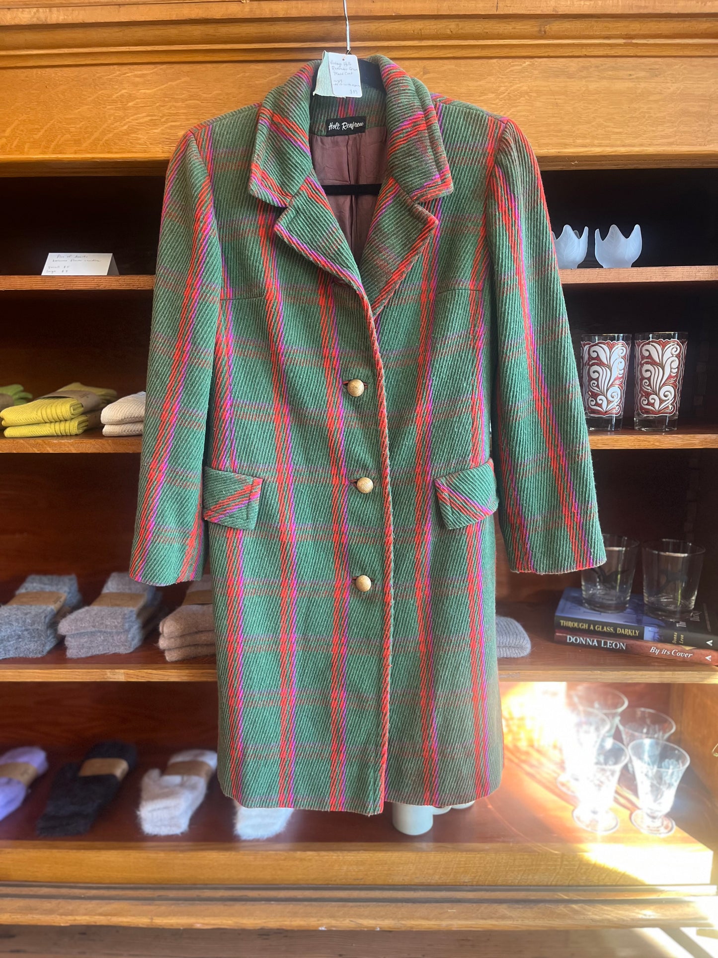 Vintage Holt Renfrew green plaid coat, S/XS