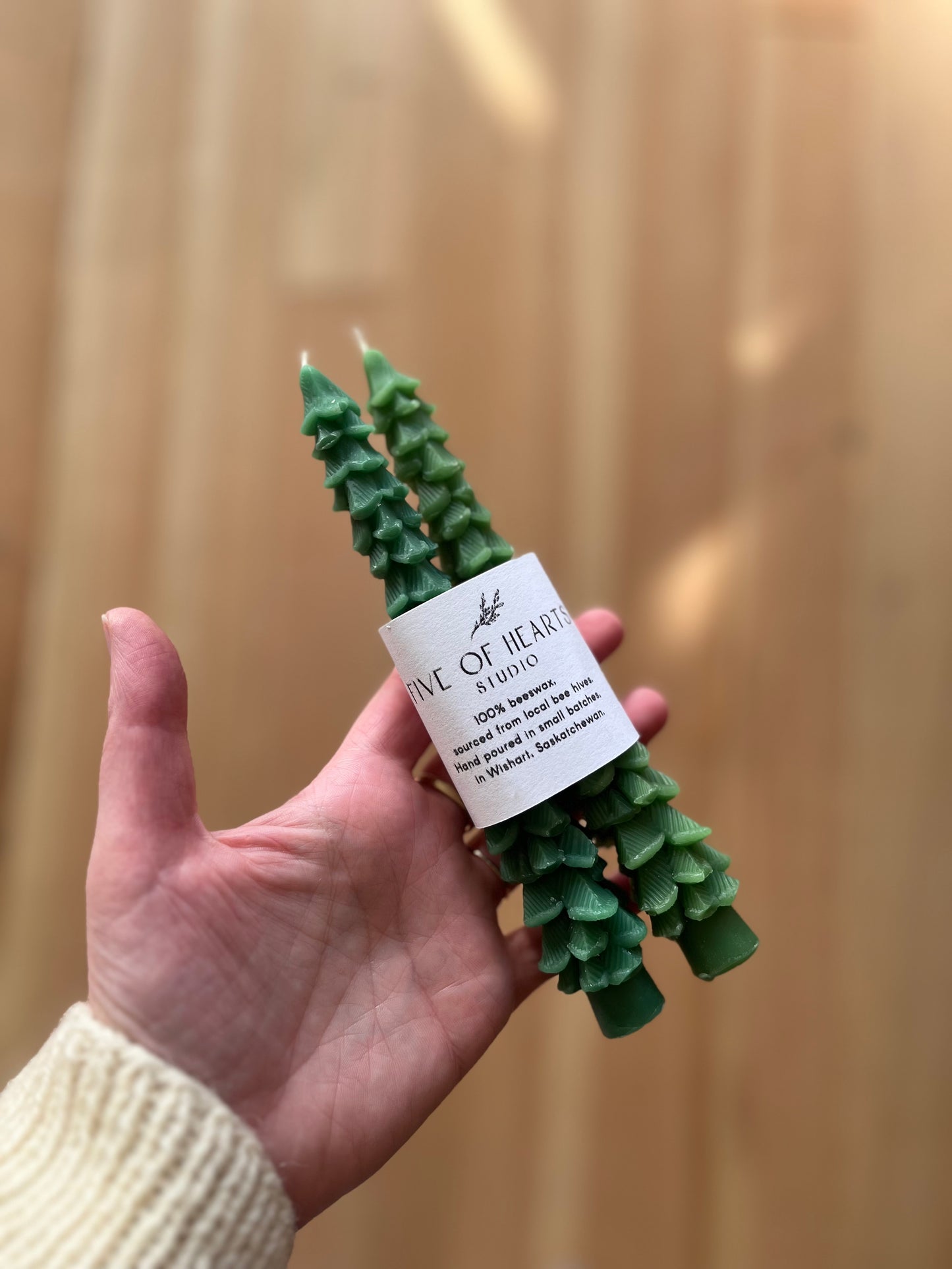 Five of Hearts Beeswax Taper Pair, Green Tree