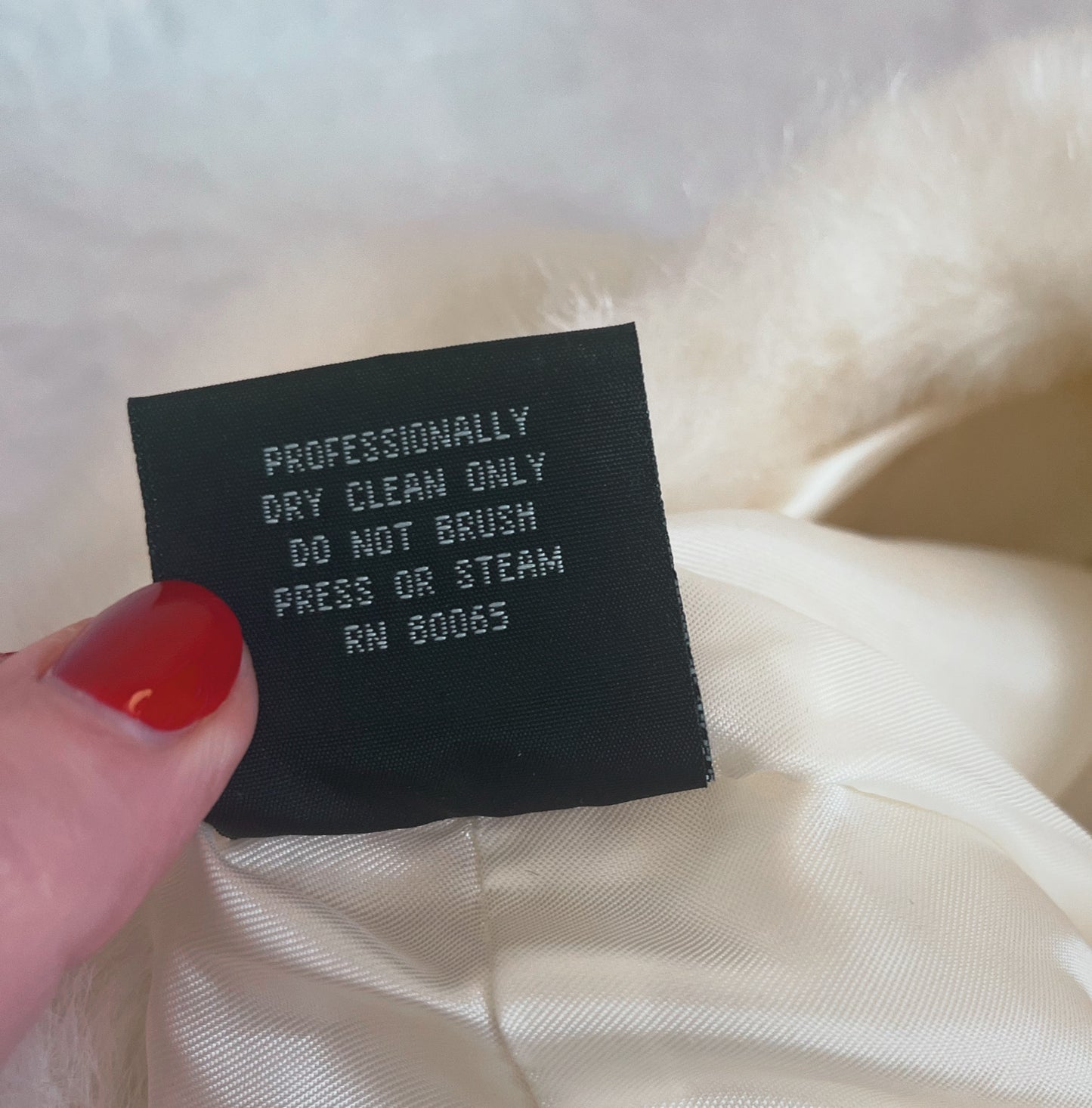 Close up shot of back of content tag which reads "Professionally dry clean only. Do not brush, press, or steam. RN 80065." On white background.