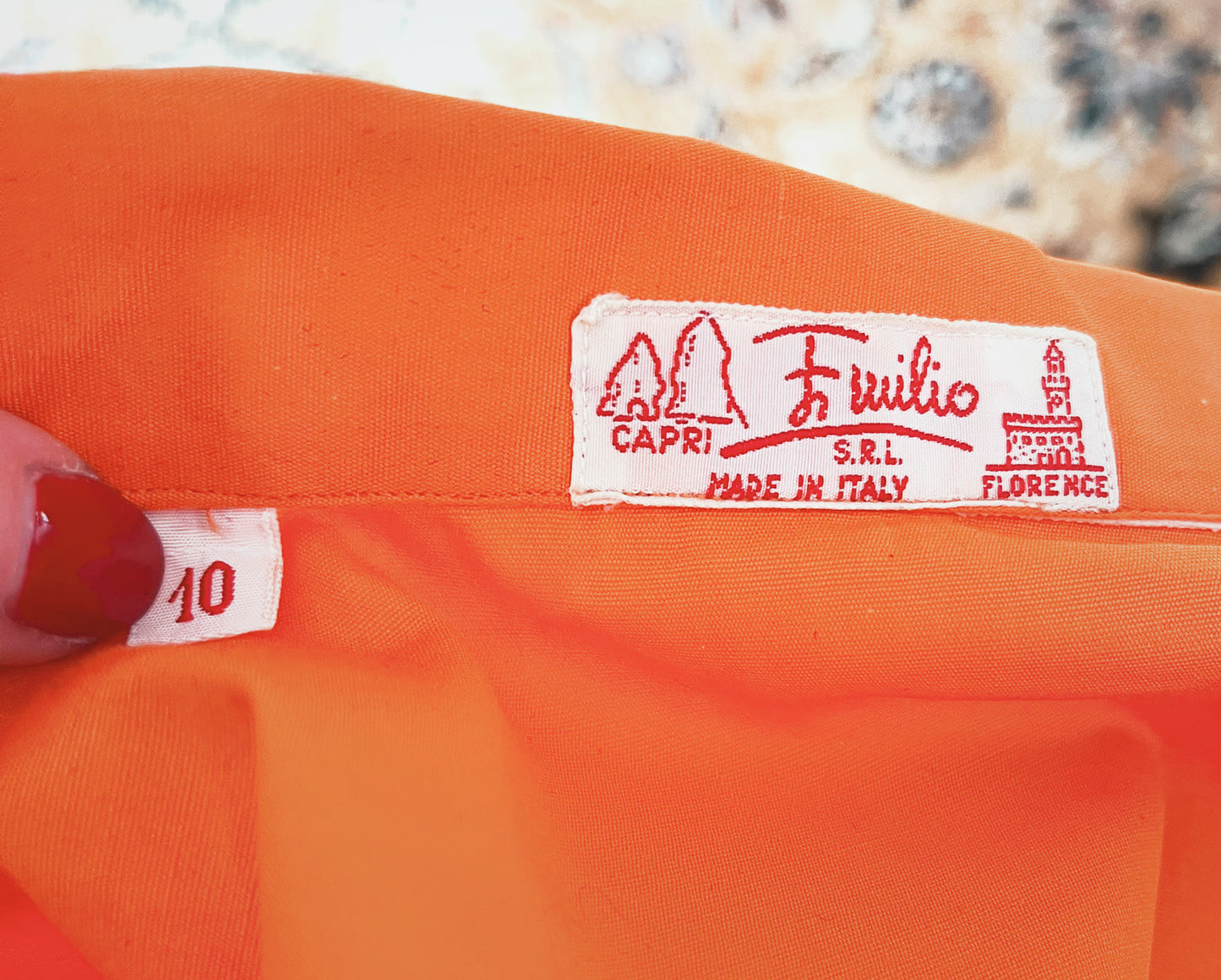Close up of top label at neck. Size 10 tag and wonderful vintage tag that reads: "Emilio S.R.L. Made in Italy. Capri. Florence."