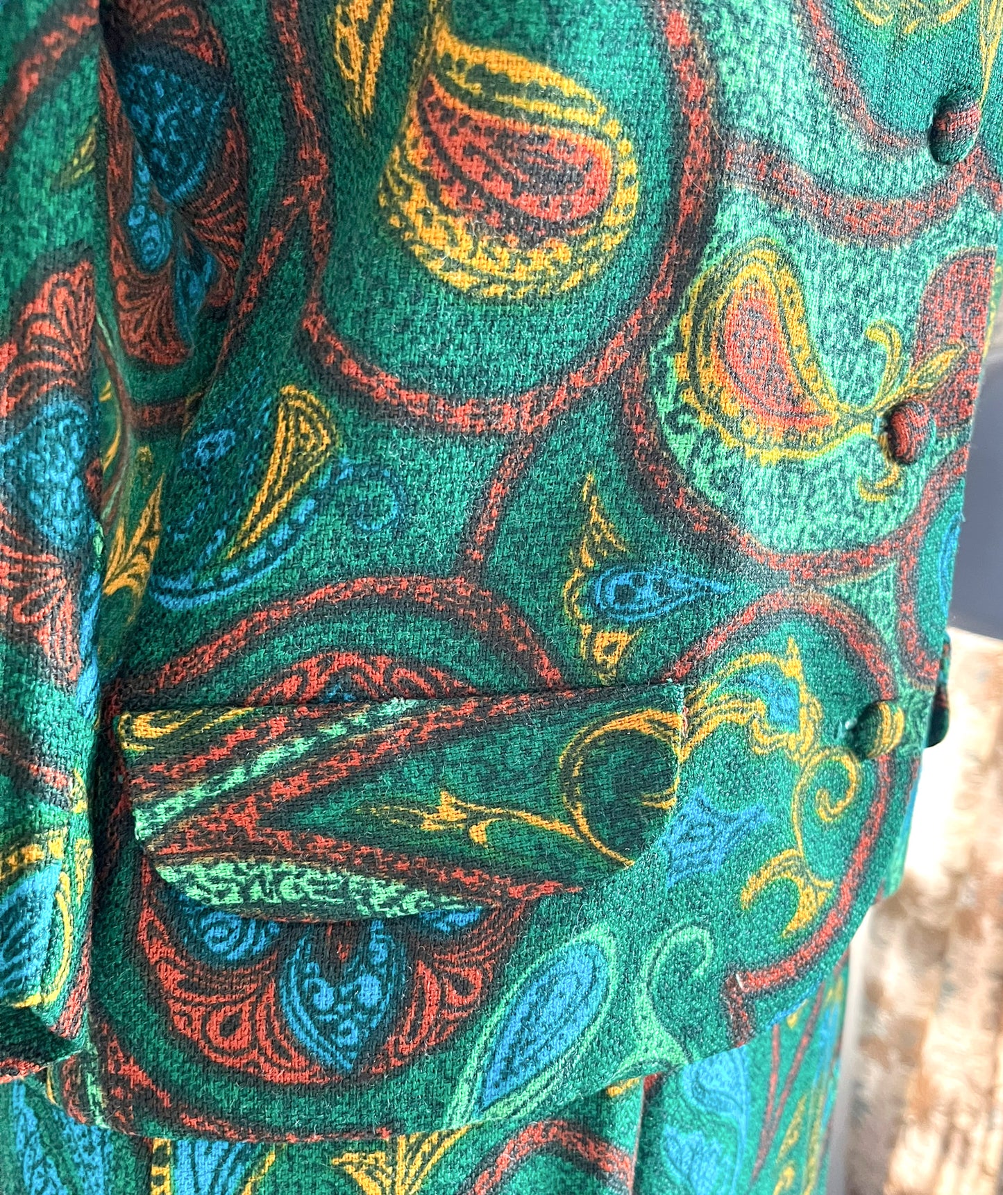 Close up of jacket pocket and buttons.