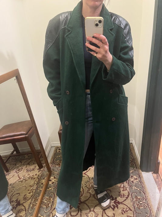 Vintage forest green wool & leather coat, med/lrg