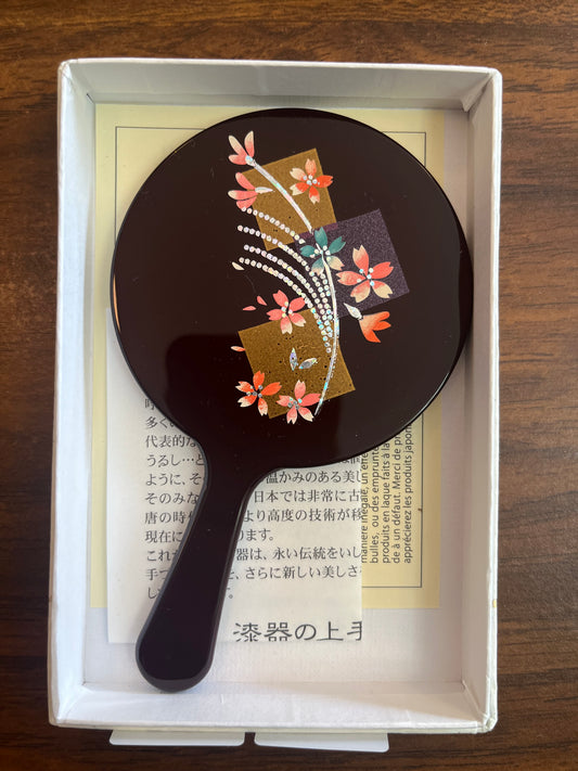 Small Lacquerware Hand Mirror - Flowers - Made in Japan