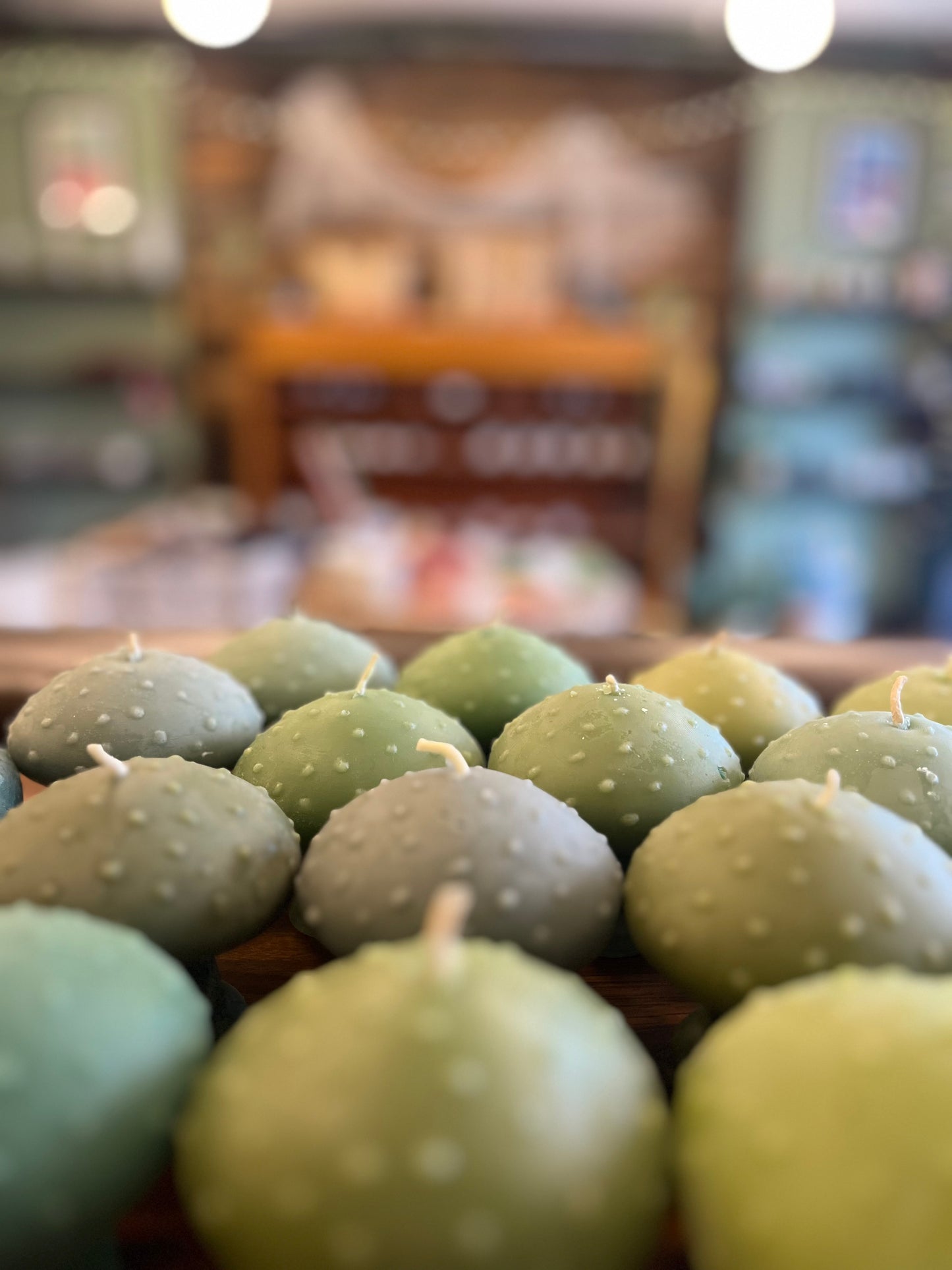 Five of Hearts Beeswax Mushroom candles, shades of blue & green