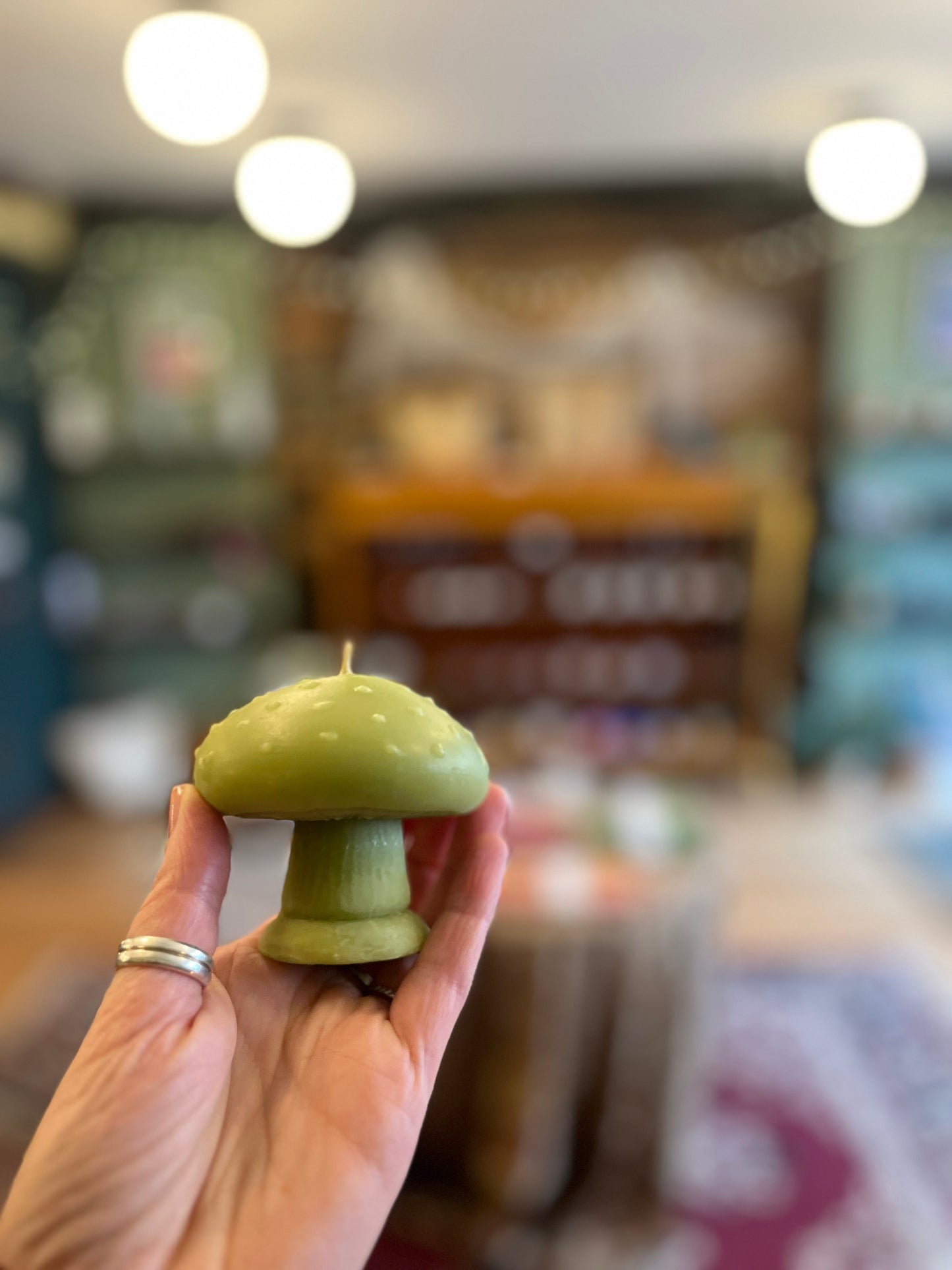 Five of Hearts Beeswax Mushroom candles, shades of blue & green