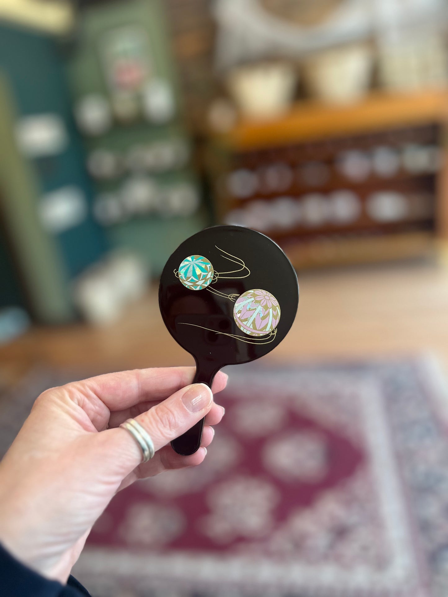Small Lacquerware Hand Mirror - Balls - Made in Japan