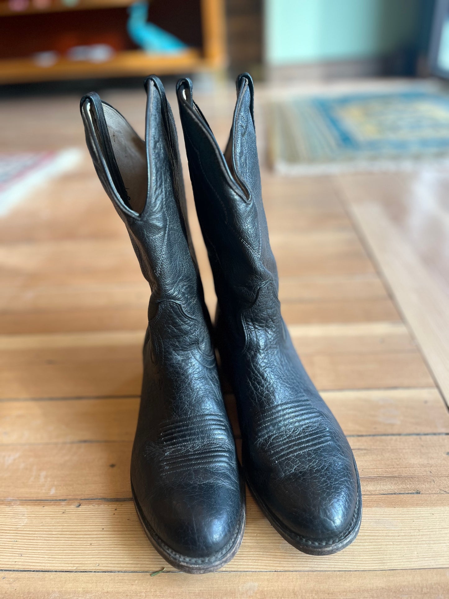 Vintage Black Leather Cowboy Boots, 9