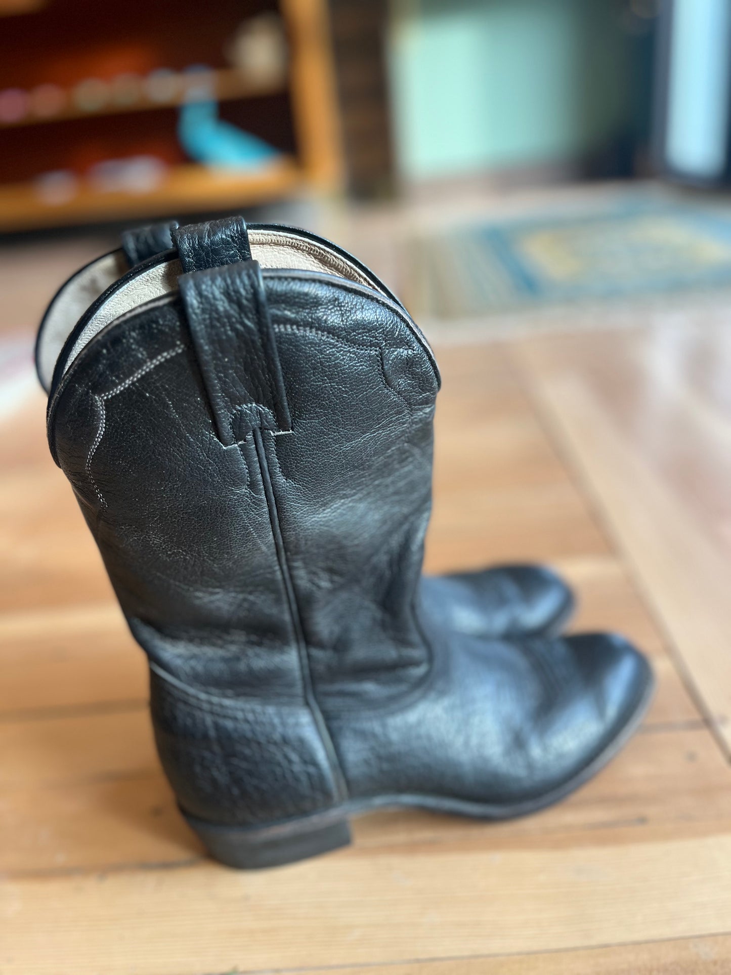 Vintage Black Leather Cowboy Boots, 9