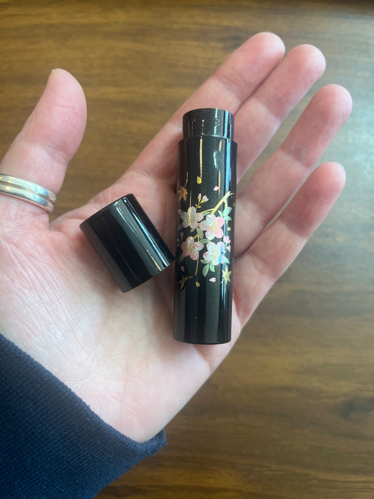 Lacquerware Tube Container - Black w Flowers - Made in Japan