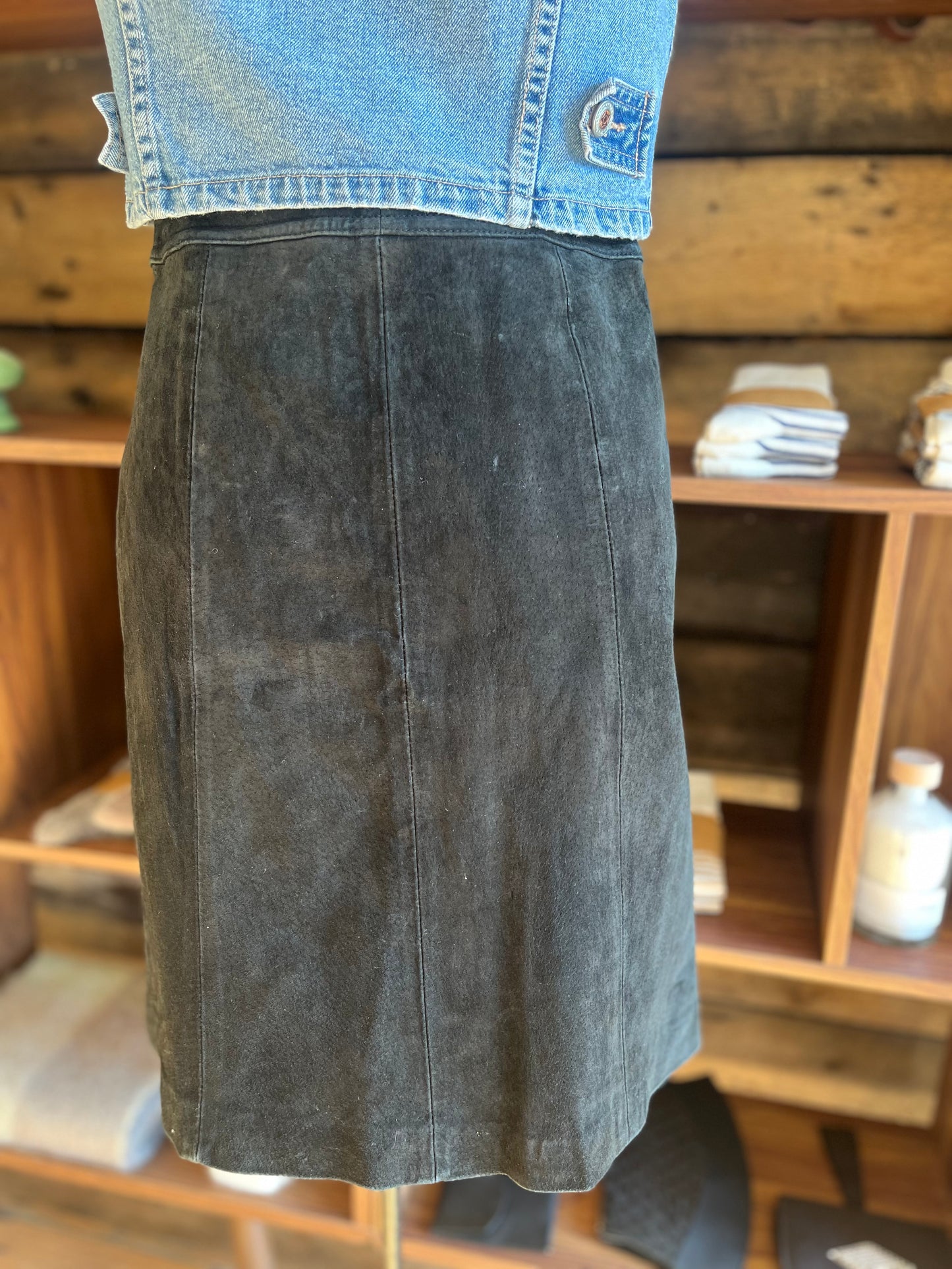 Vintage black button front suede skirt, small, 28” as is