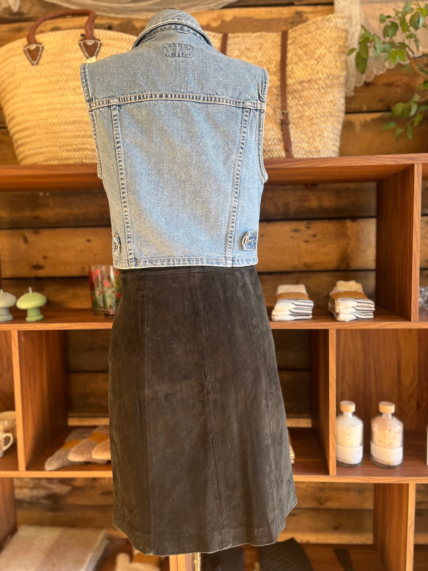 Vintage black button front suede skirt, small, 28” as is