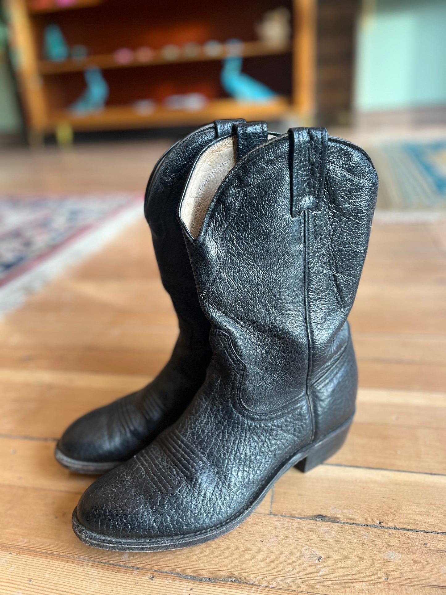 Vintage Black Leather Cowboy Boots, 9