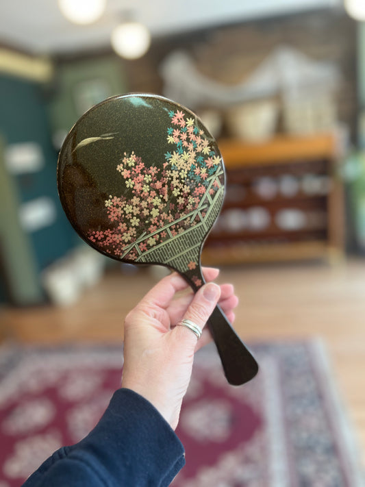 Large Lacquerware Hand Mirror - Flowers - Made in Japan