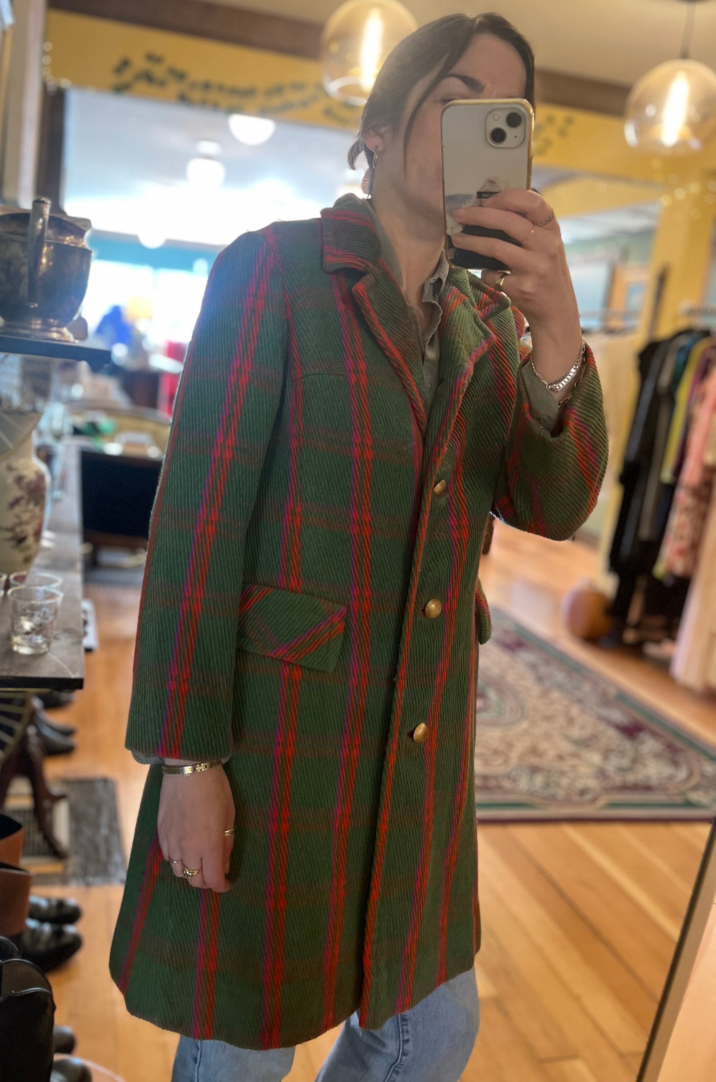 Vintage Holt Renfrew green plaid coat, S/XS