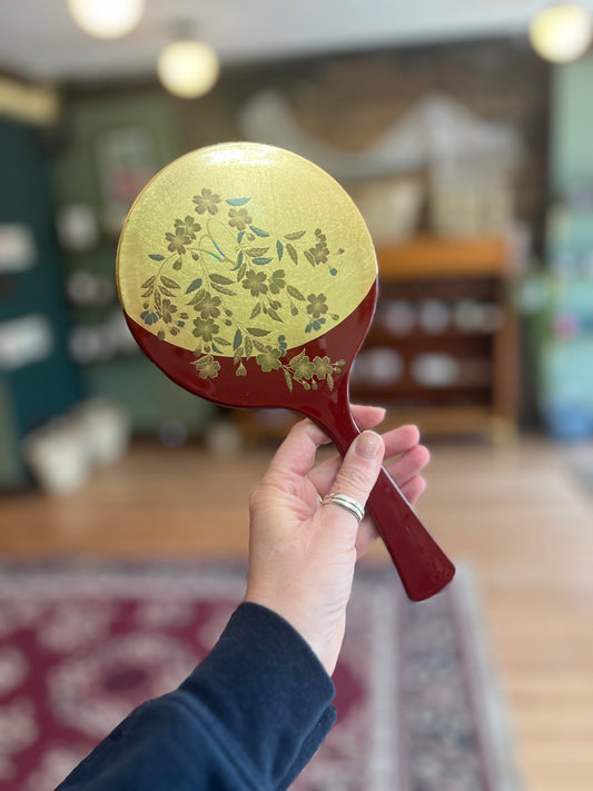 Large Lacquerware Hand Mirror - Red & Gold - Made in Japan