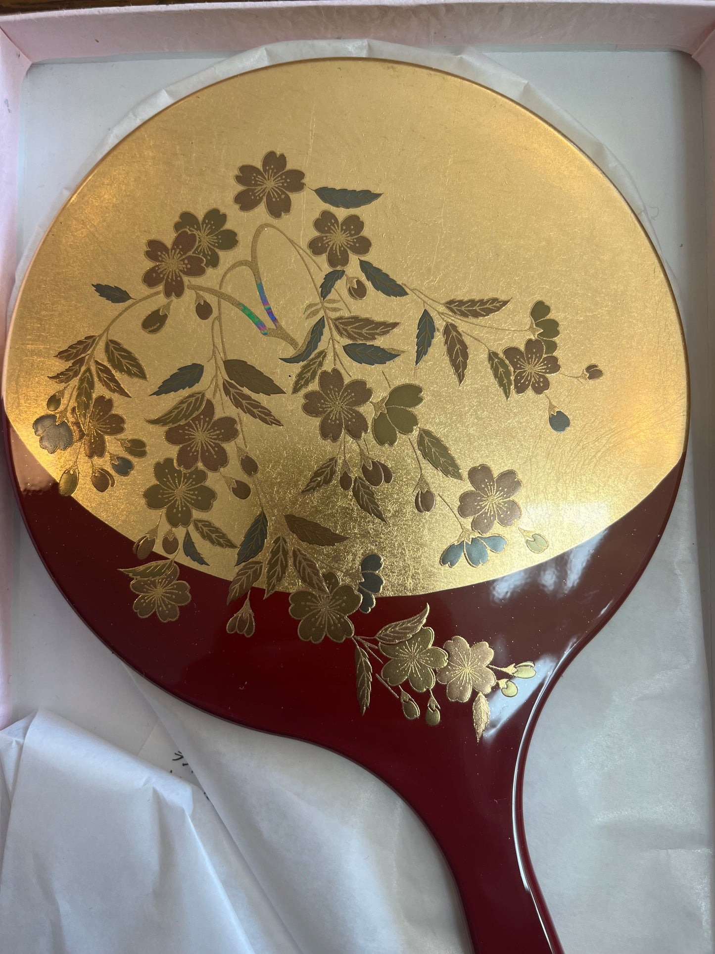 Large Lacquerware Hand Mirror - Red & Gold - Made in Japan