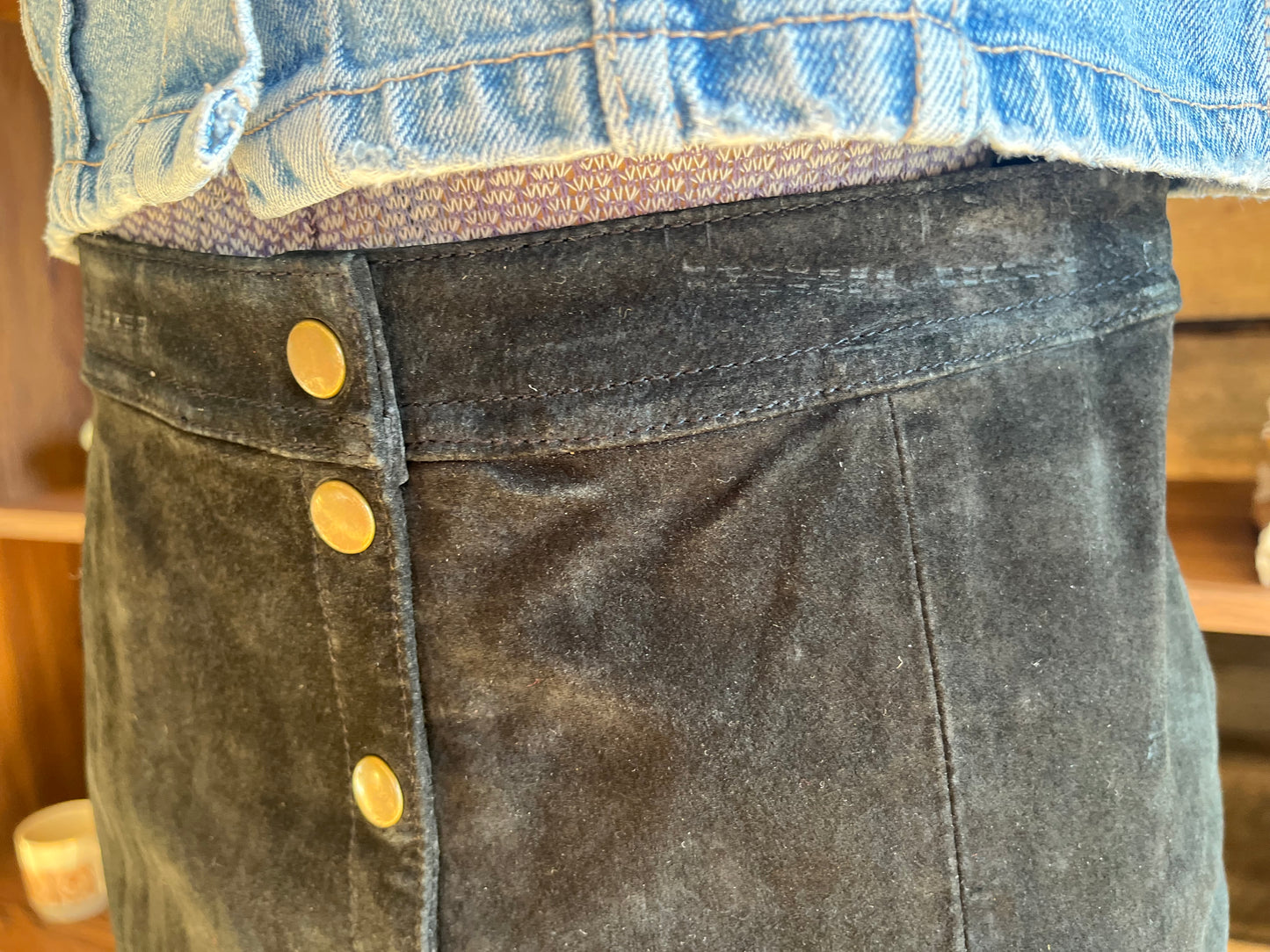Vintage black button front suede skirt, small, 28” as is